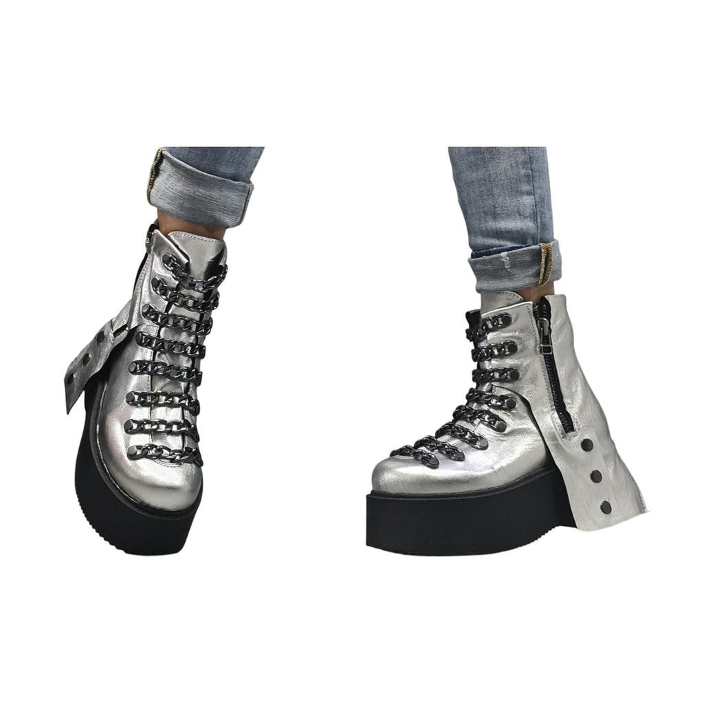 Silver Leather Platform Ankle Boots, Gothic Women Shoes with Chains, Handmade Statement Footwear