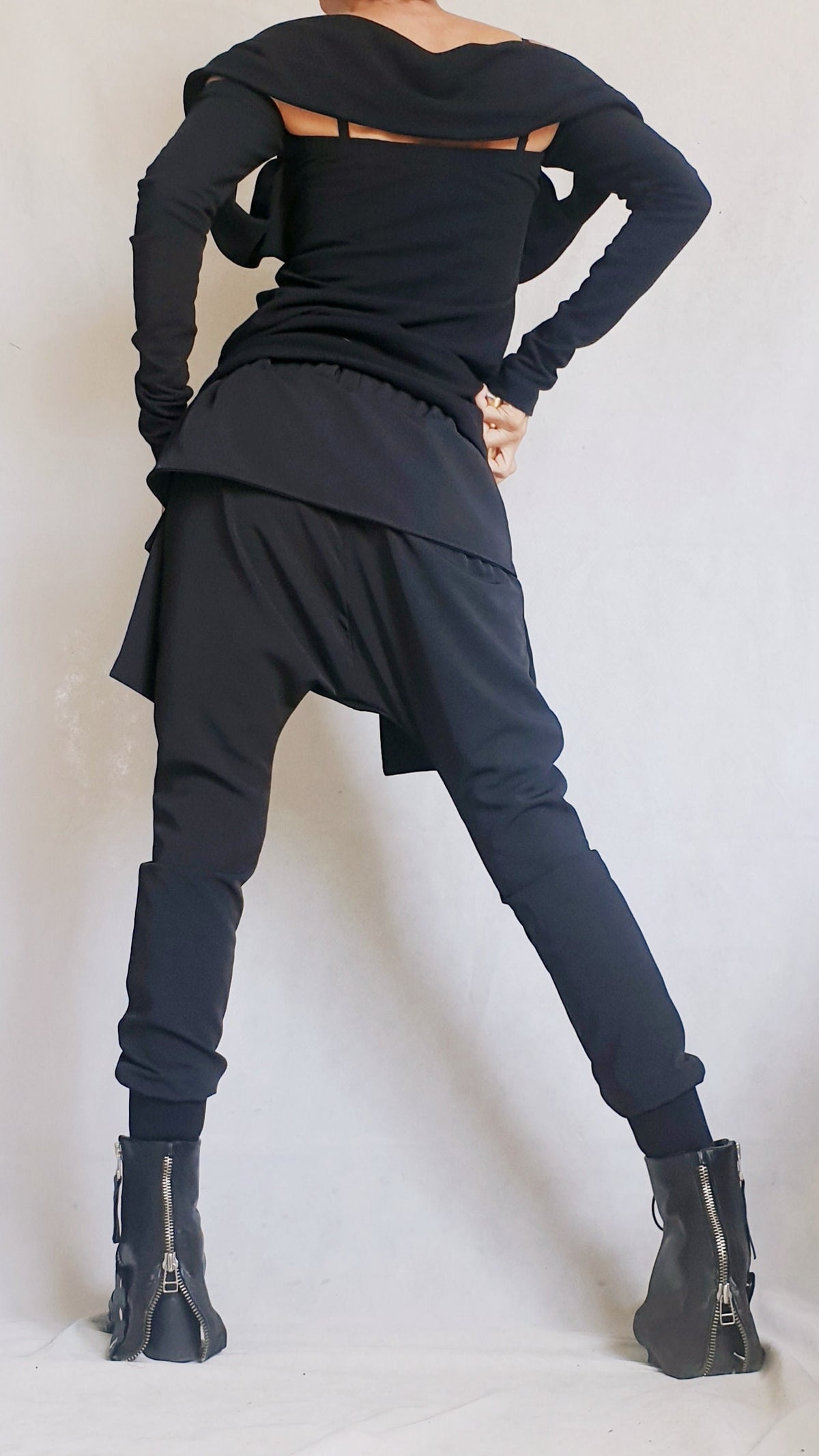 Black Drop Crotch Pants, Cargo Skirt Overlay, Tapered Leg