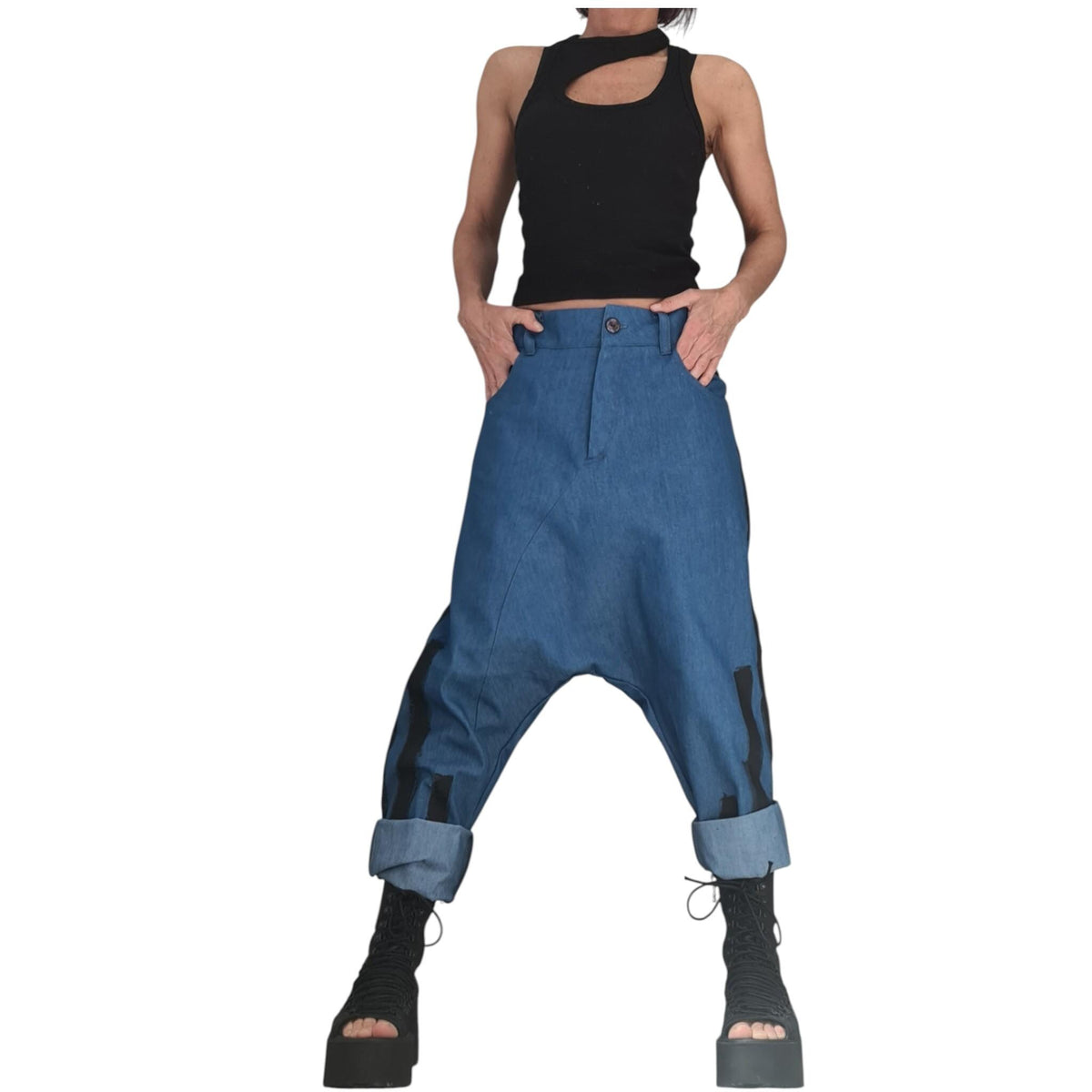 Denim Harem Pants, Extravagant Deep Drop Crotch Pants for Women