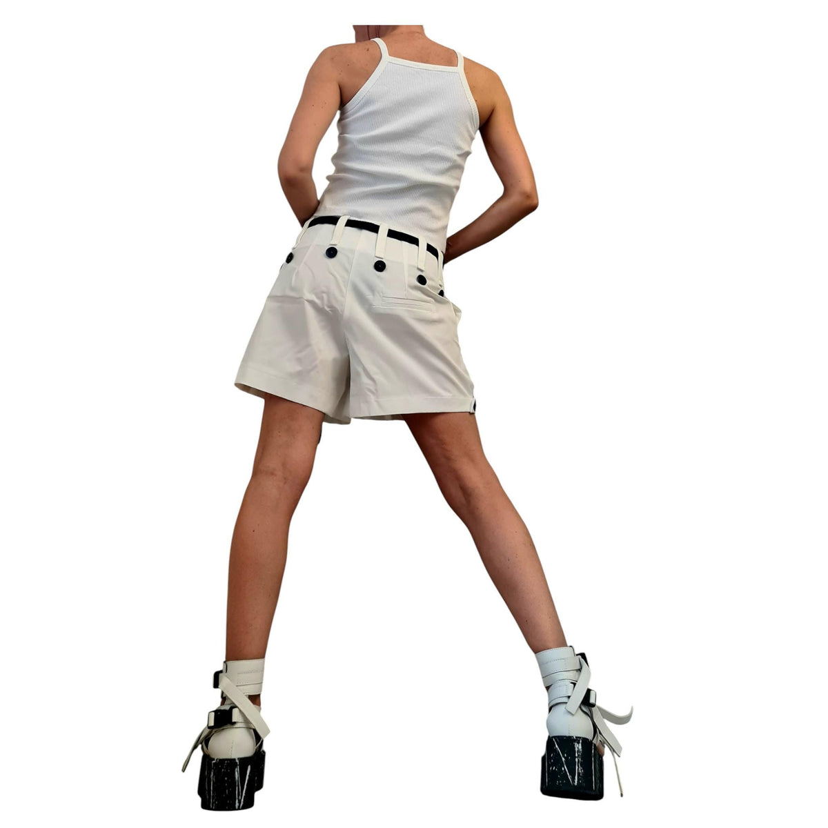 White Wide Leg Cotton Shorts, Decorative Button Detail