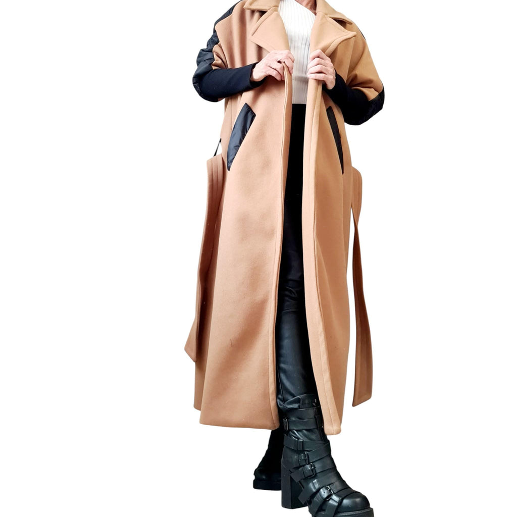 Beige and Black Asymmetrical Maxi Coat, Quilted Back Panel, Belted Long Winter Overcoat