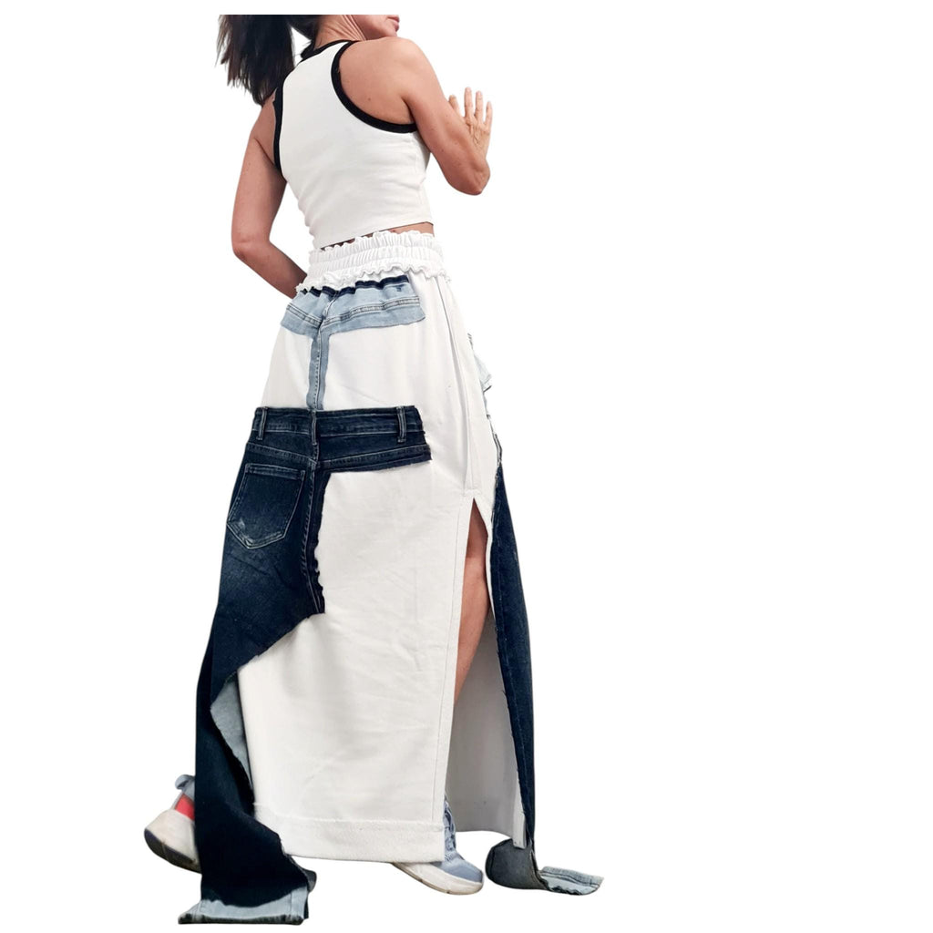 White Maxi Skirt, Cotton with Denim Details, Asymmetric Design with External Seams