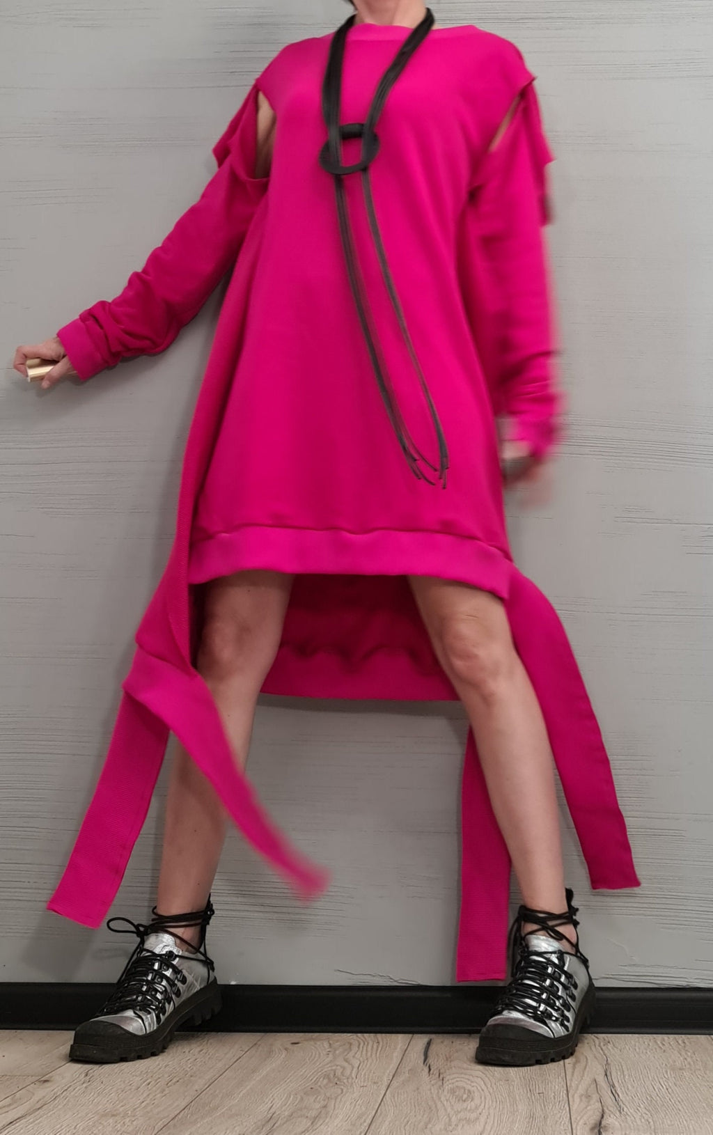 Fuchsia Asymmetrical Tunic, Cotton Loose Fit, Removable Sleeves Dress, Plus Size Dress for Women