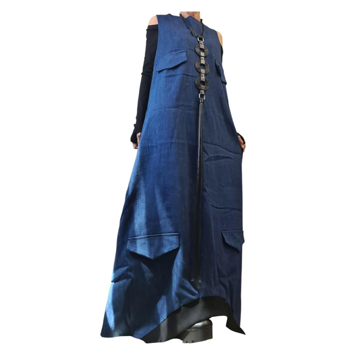 Denim Maxi Dress, Cargo Sleeveless Asymmetric Dress