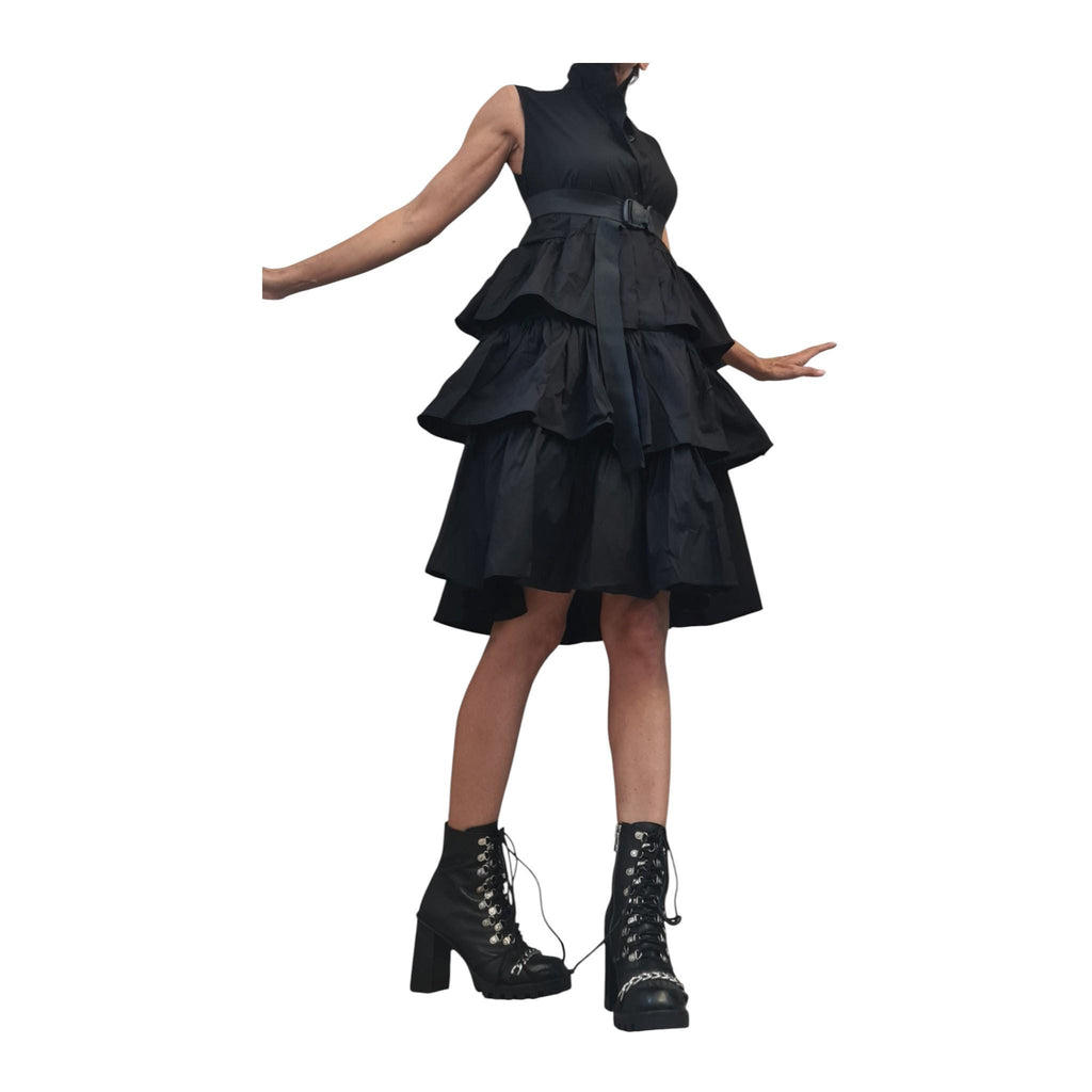 Black Gothic Midi Cotton Tunic, Flounce Party Dress Women