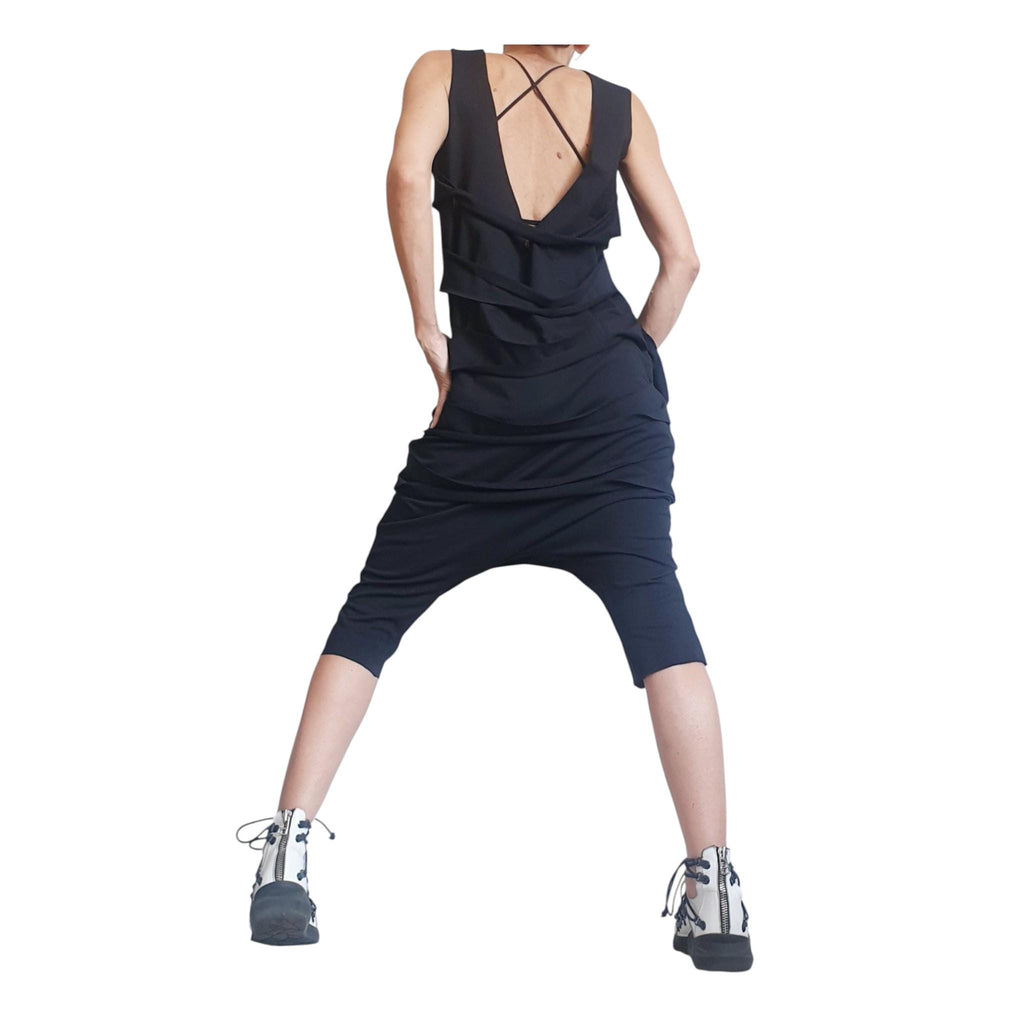 Black Harem Jumpsuit Loose Drop Crotch Women Outfit Asymmetric Oversize Gothic Grunge Clothing