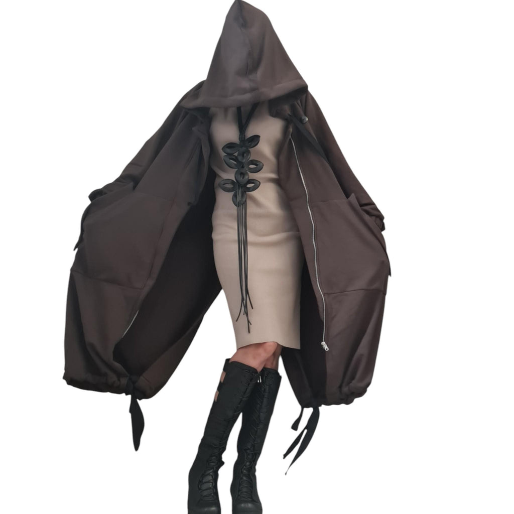 Brown Oversized Hooded Sweatshirt, French Terry Jacket with Overlapping Open Back