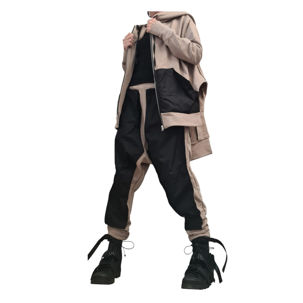 Beige Cotton Co-Ord Set, Harem Pants, Asymmetrical Long Sleeve Sweatshirt