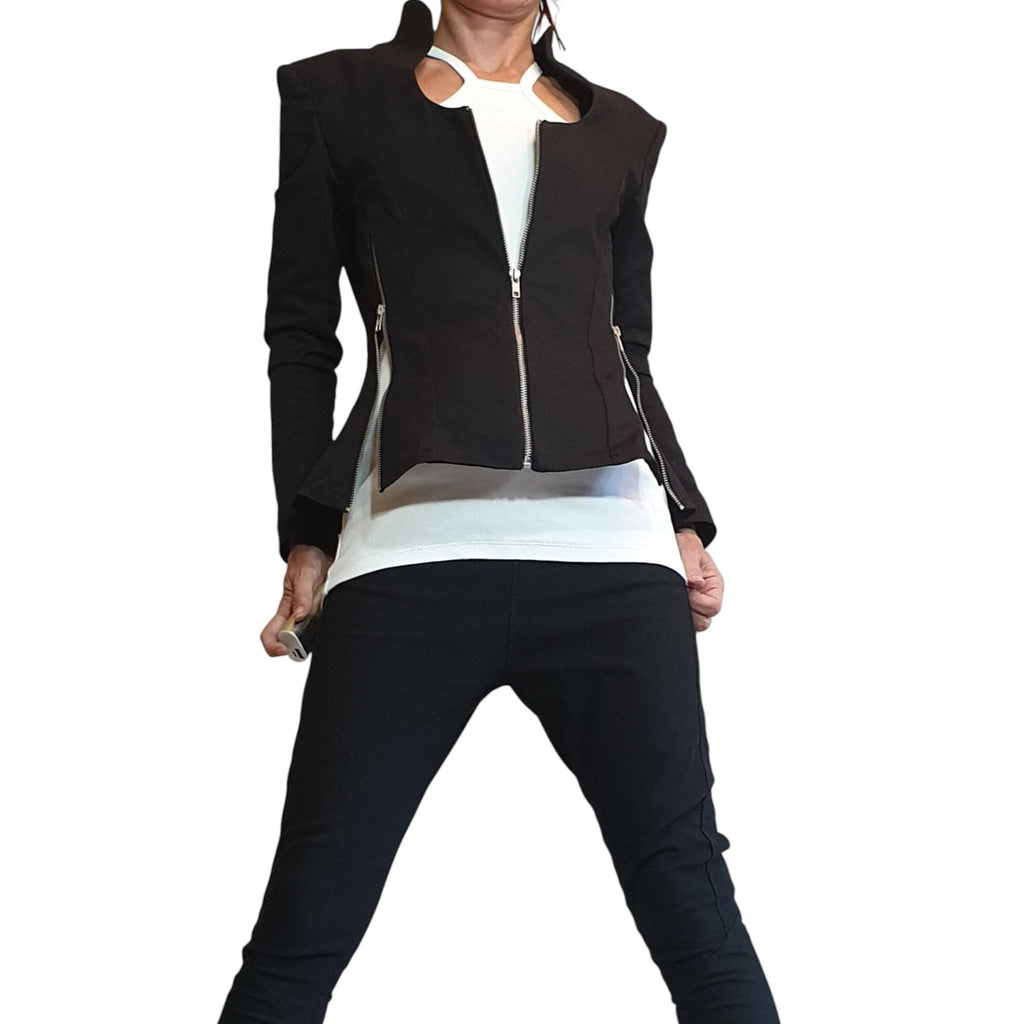Black Fitted Zip Blazer, Structured Shoulders, Shaped Waist, Back Zip Panels, Plus Size