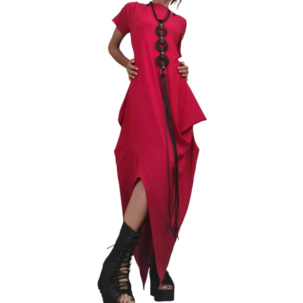 Red Asymmetric Cotton Maxi Dress, Oversized Kaftan, Avant Garde Loose Fit, Handmade Plus Size
