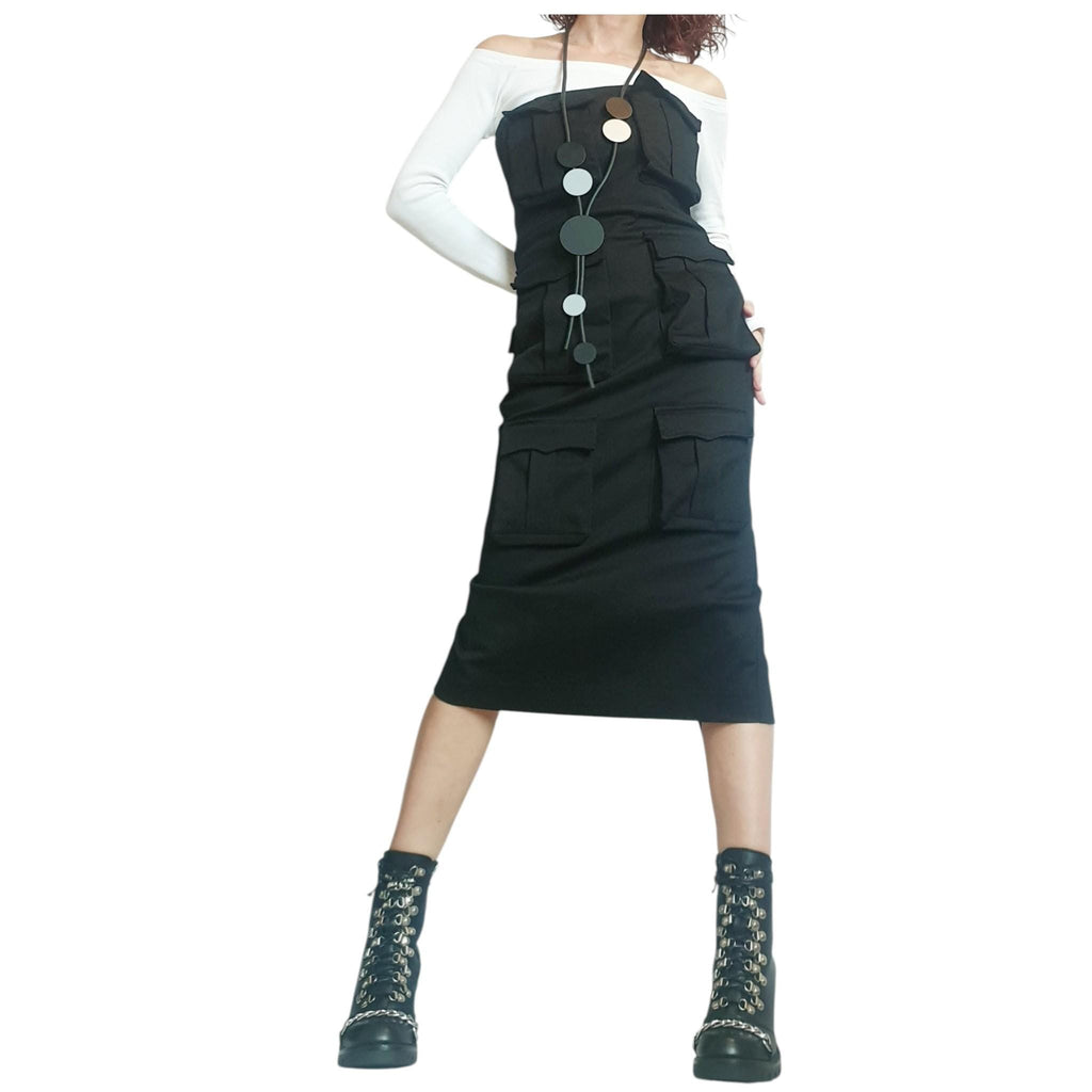 Extravagant Black Denim Рocket Dress, Gothic Dress, Asymmetric Cocktail Fit Dress,