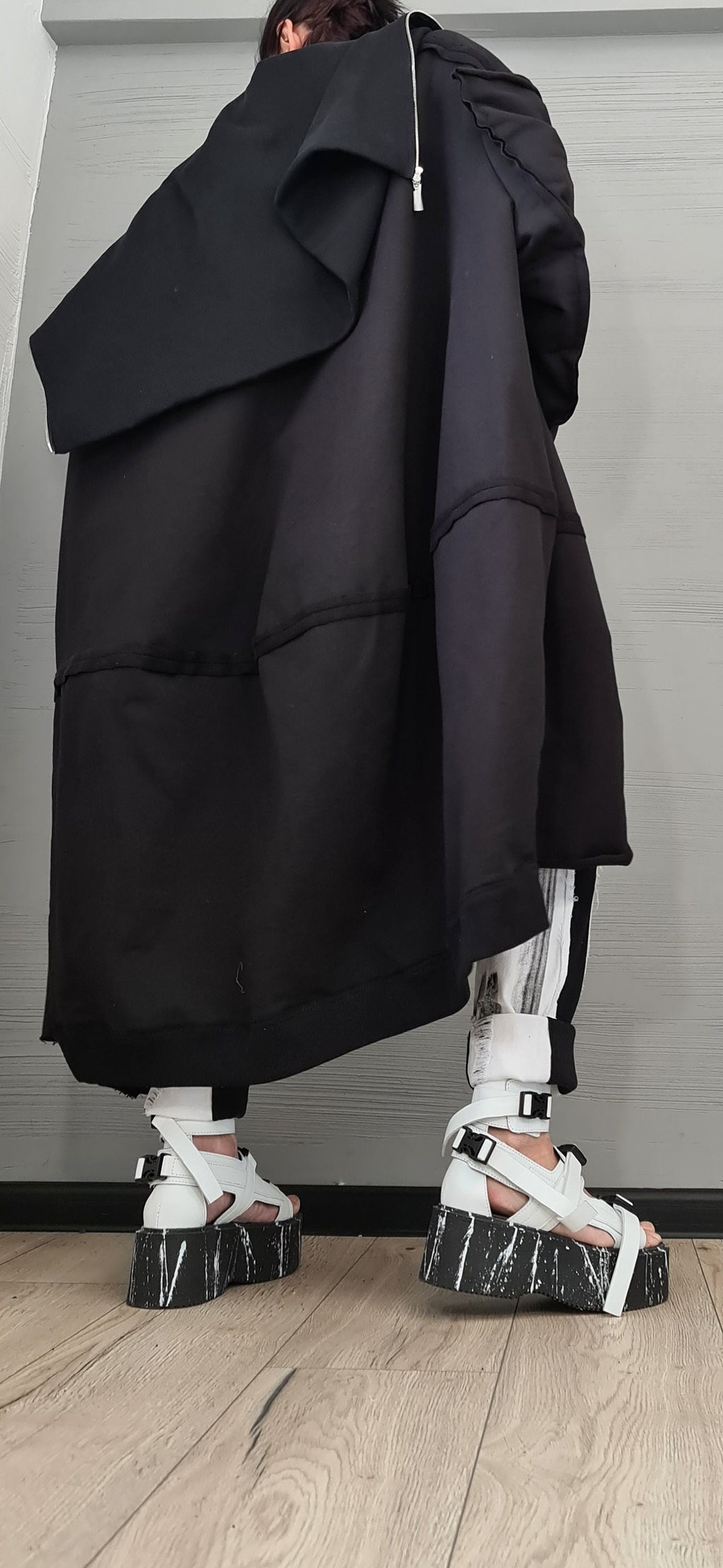 Black Cotton Maxi Sweatshirt, Oversized Jacket with Asymmetrical Zip, High Collar, Plus Size