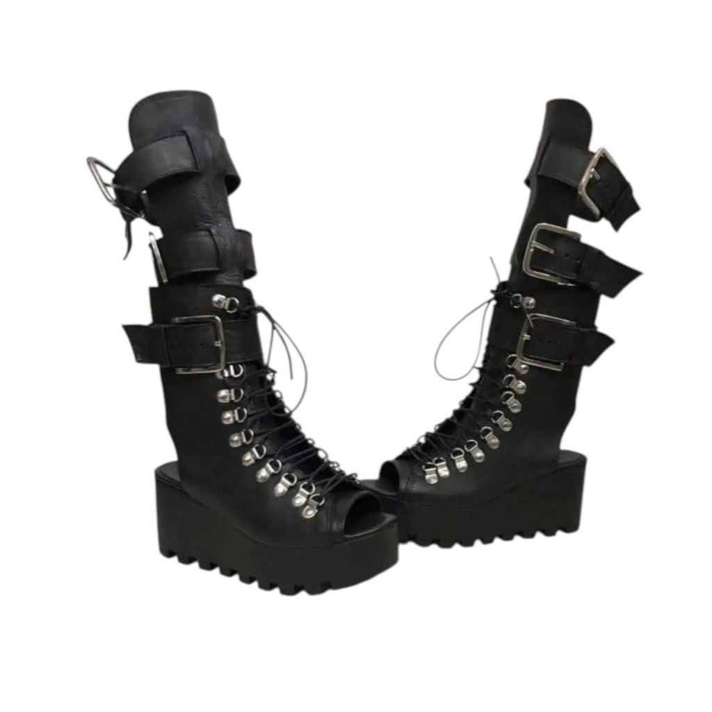 Black Leather Gladiator Sandals, Greek Style Platform Shoes, Open Toe Gothic Knee High Boots