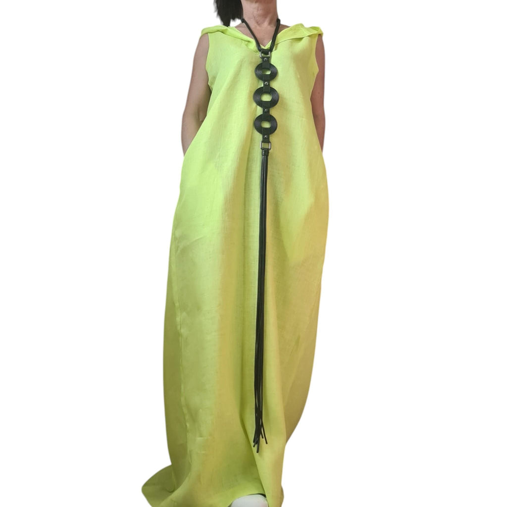 Lime Linen Hooded Maxi Dress with Pockets: Relaxed Summer Maxi, Boho Style