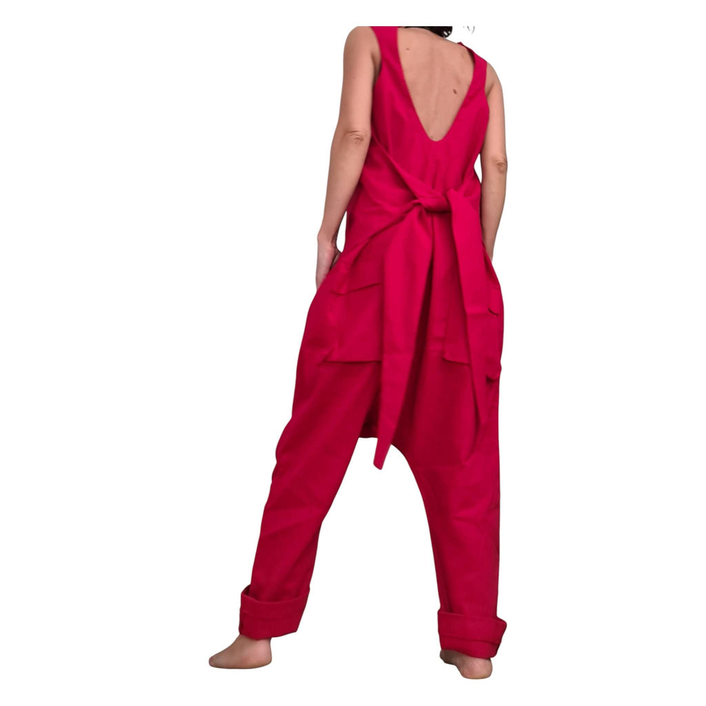 Red Linen Jumpsuit, Sleeveless Wide Leg Overalls, Backless Drop Crotch Outfit