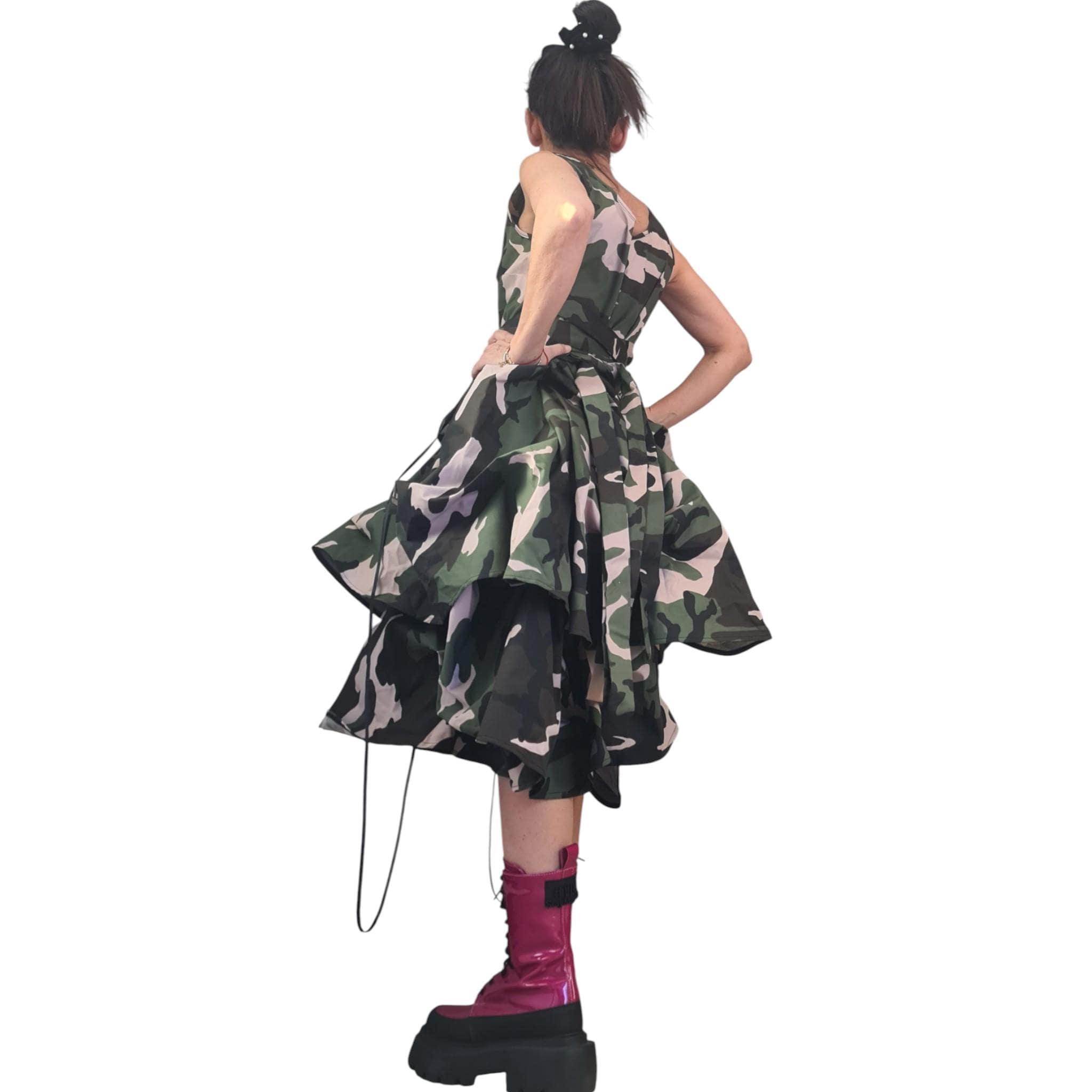 Camouflage Cotton Dress, Avant Garde Layered, Military Print Midi Oversized Dress, Extravagant Handmade Clothing