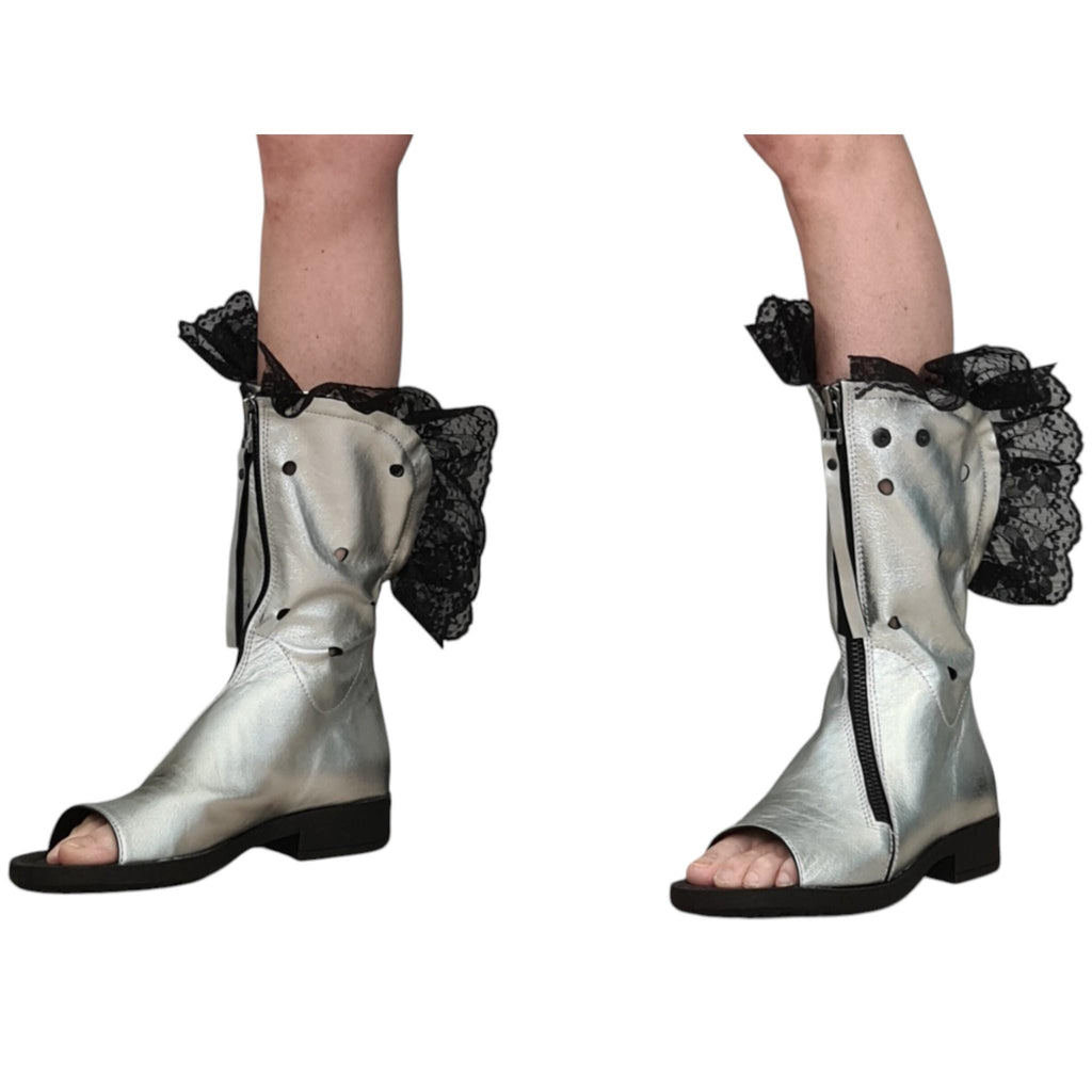 White Open Toes Summer Boots, Lace Ankle Leather Shoes, Extravagant Wedding Booties