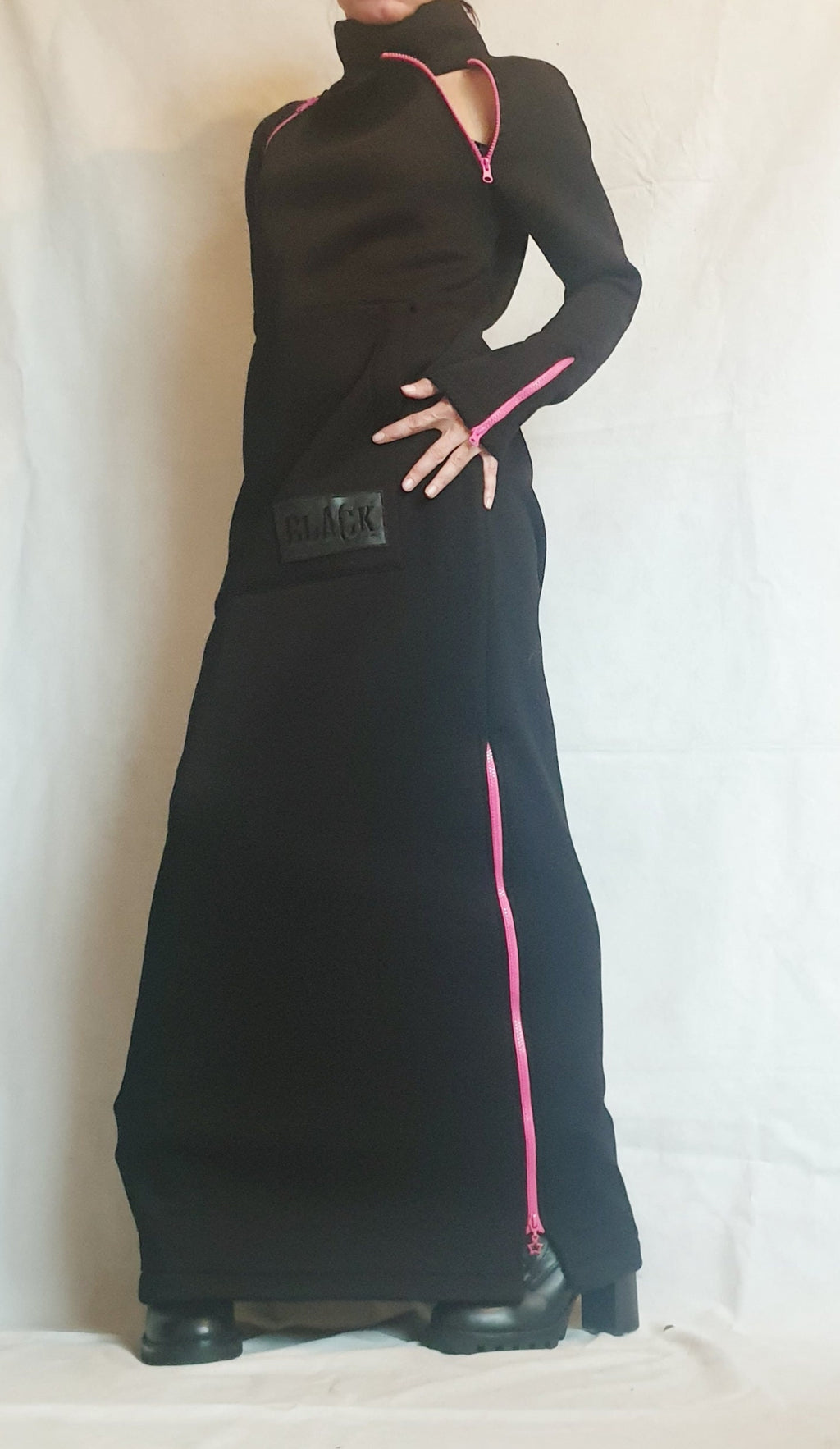Black Maxi Dress Long Sleeve, Pink Zipper, Handmade Dress for Woman, Plus Size