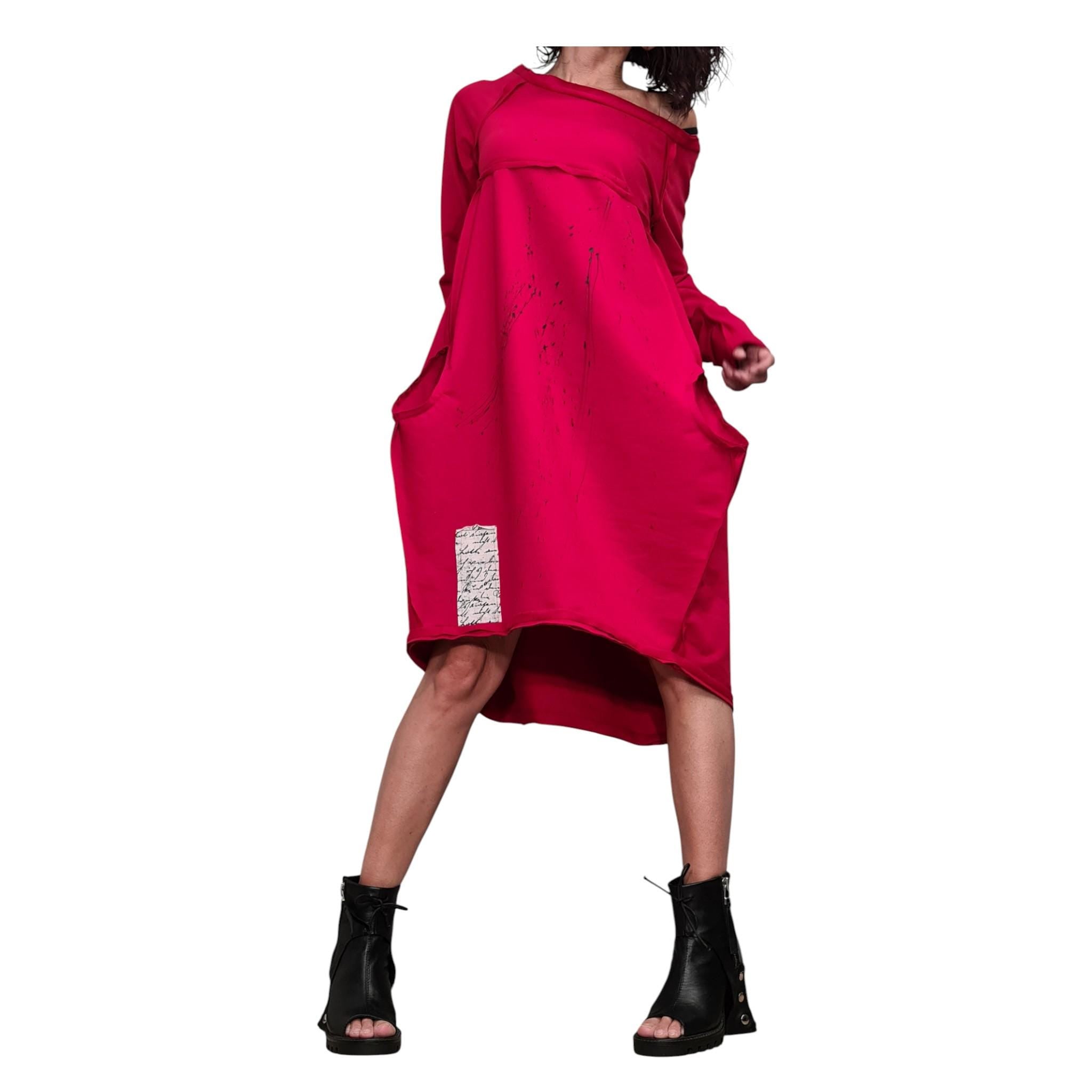 Red French Terry Off Shoulder Dress, Oversized Sweatshirt Tunic Dress for Women, Asymmetric Balloon