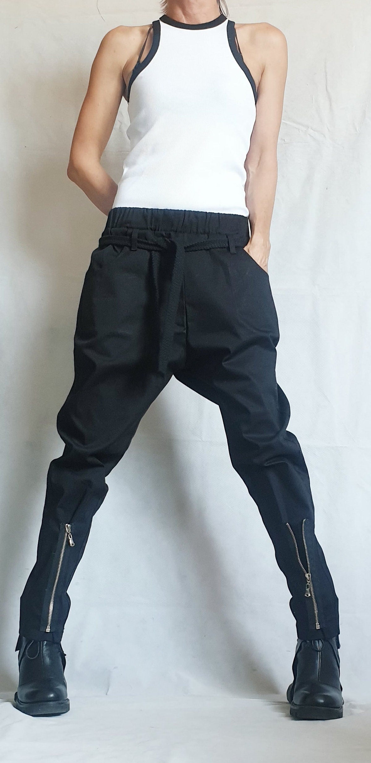 Black Drop Crotch Trousers, Zip Detail Pants for Tapered Leg