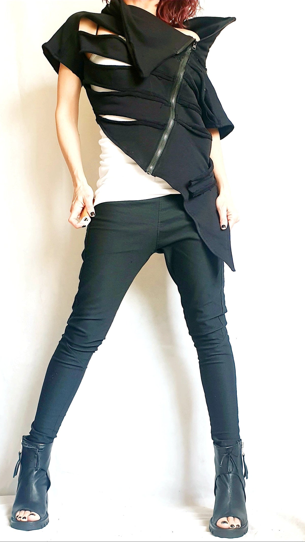 Black Asymmetric Cotton Vest, Slashed High Neck Top, Gothic Sleeveless Blouse
