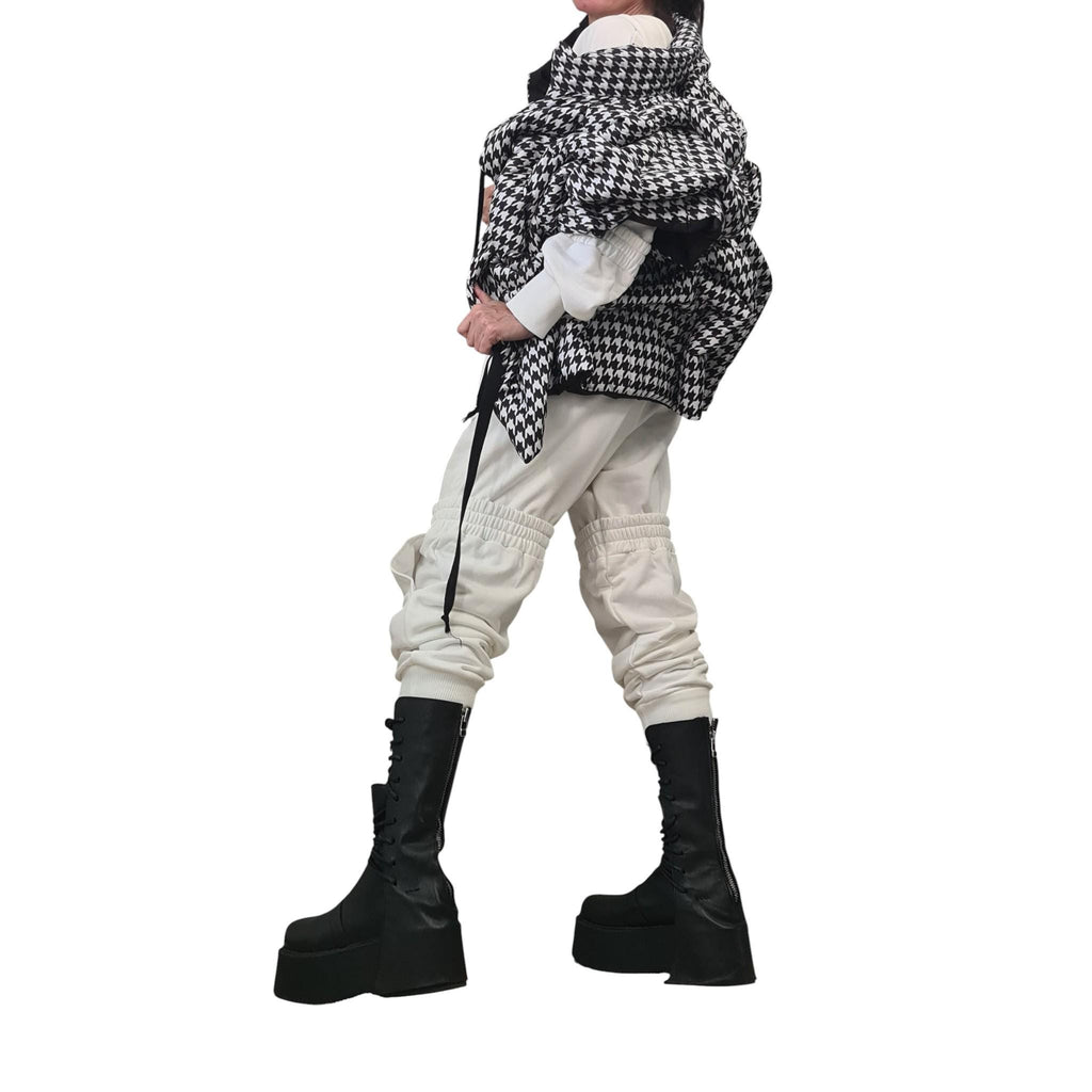 Black White Houndstooth Puffer Vest, Oversized Asymmetric Gilet, Quilted Sleeveless Winter Jacket
