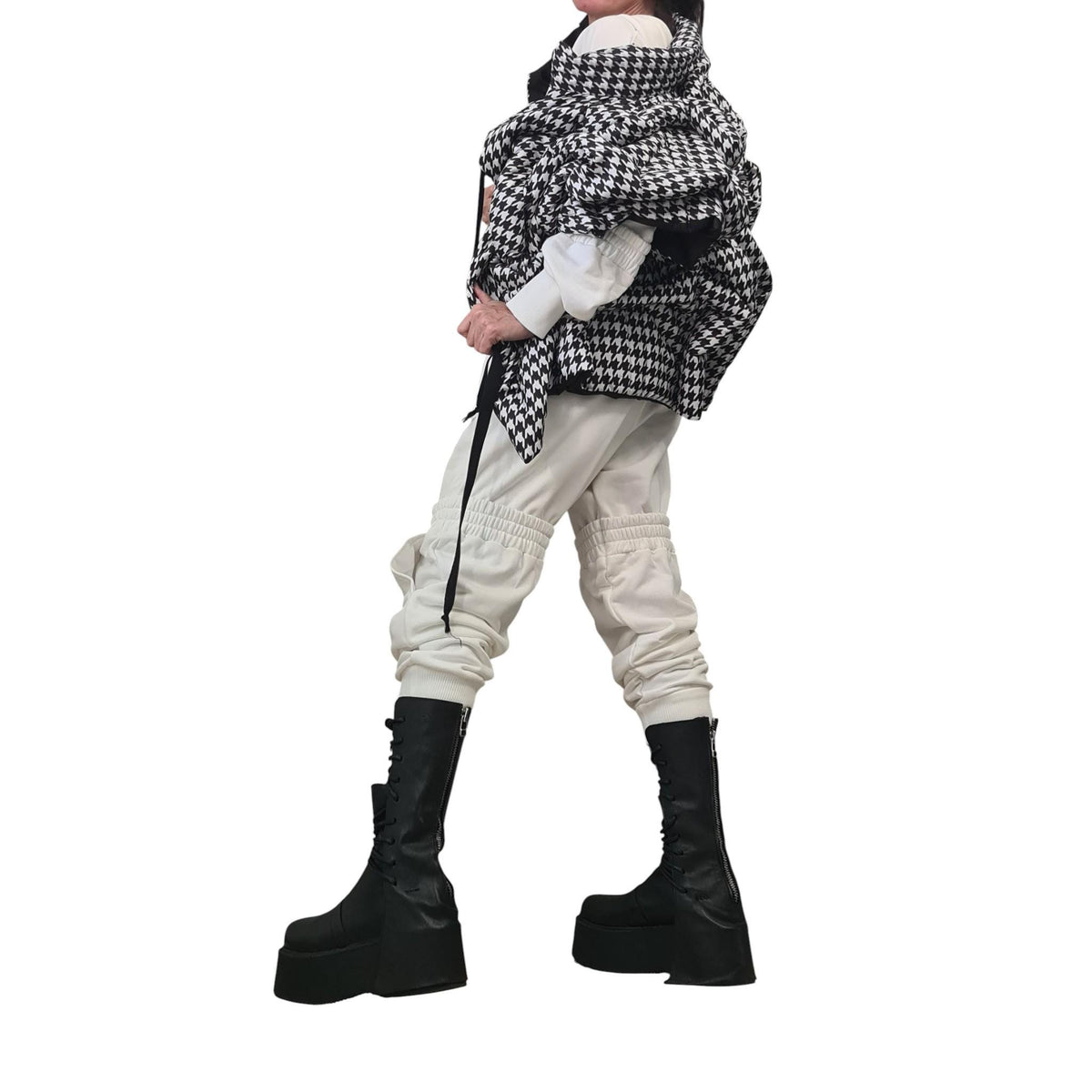 Black White Houndstooth Puffer Vest, Oversized Asymmetric Gilet, Quilted Sleeveless Winter Jacket