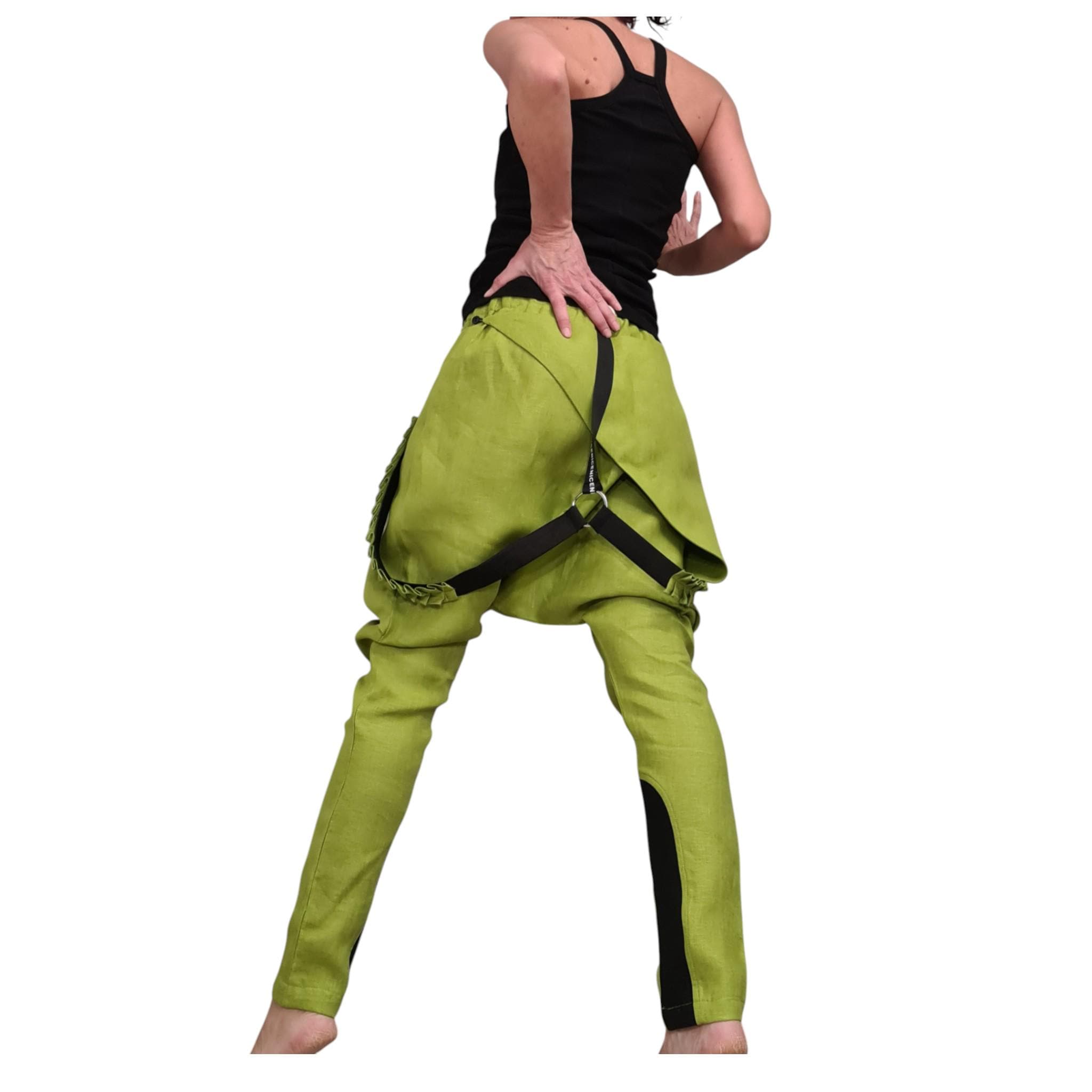 Pistachio Green Linen Pants for Women, Statement Drop Crotch Trousers with Straps, Handmade Clothing