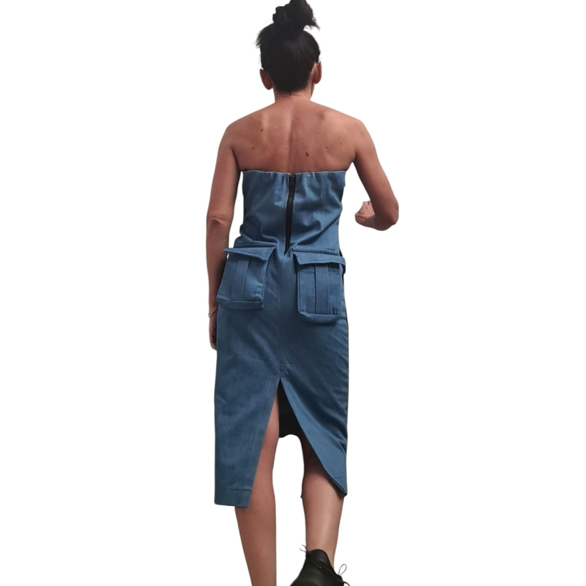 Denim Pencil Dress, Avant Garde Style, Outer Pocket Detail, Cargo Dress for Women