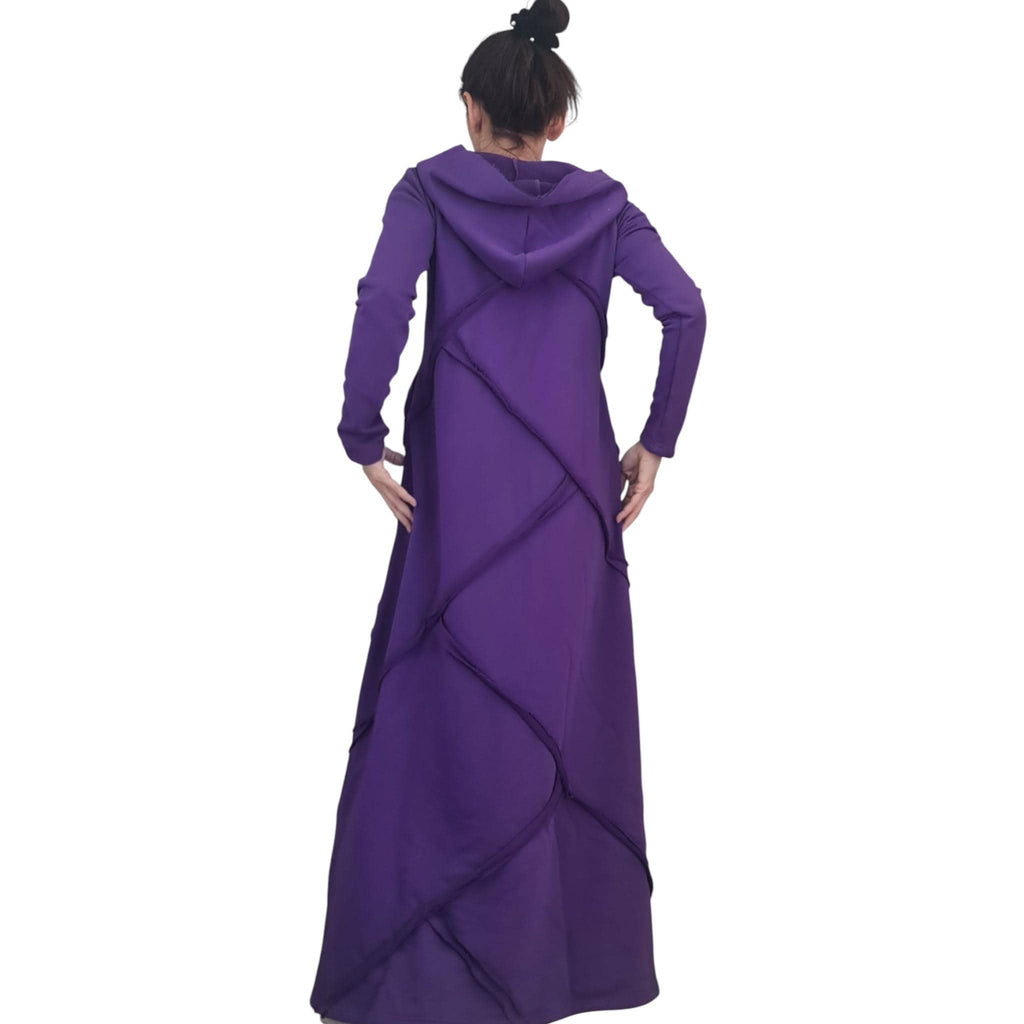 Dark Purple Hooded Maxi Dress Long Sleeve Avant Garde Handmade Womens Clothing