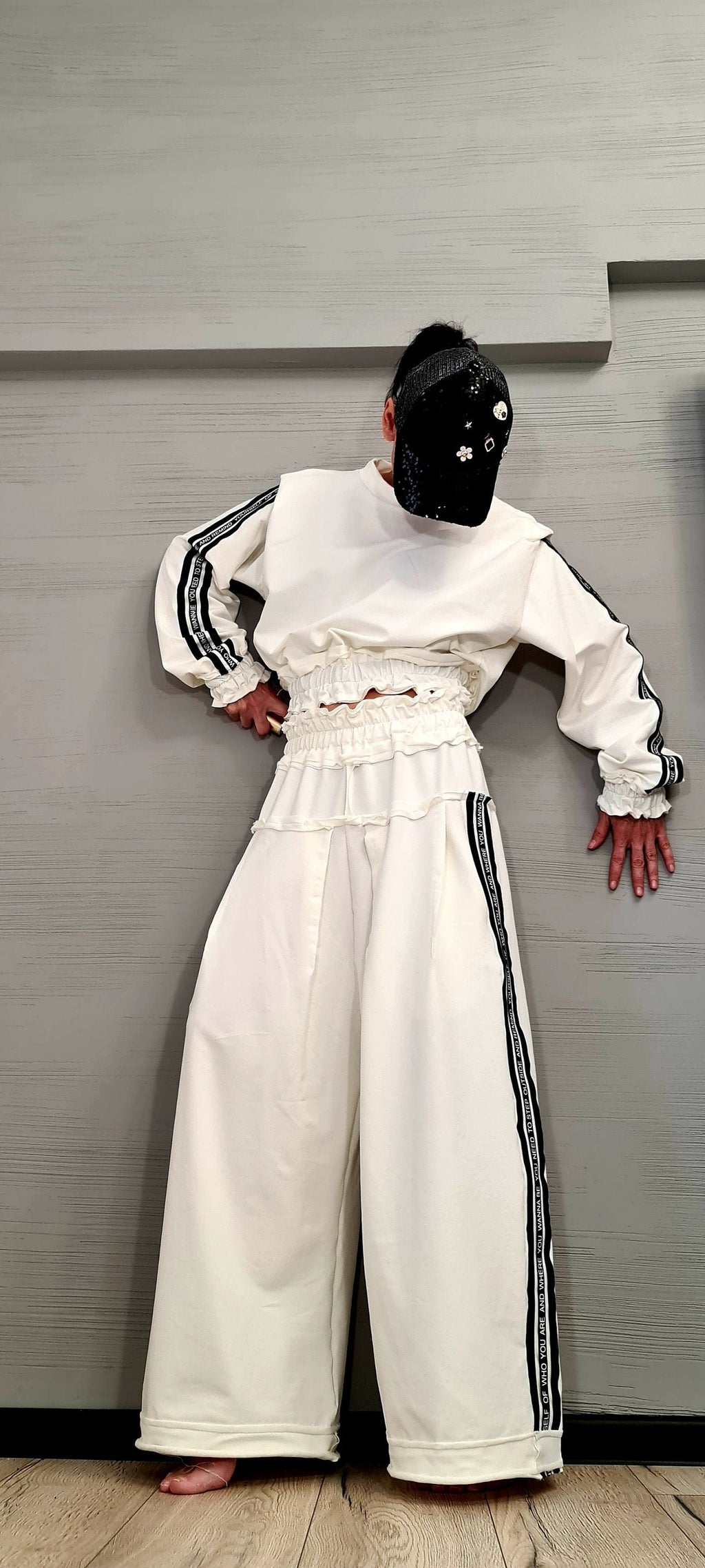 Ivory Cotton Wide-Leg Pants, Oversized Cropped Ruched Blouse, Contrast Side Stripes, Two-Piece Co-Ord Set