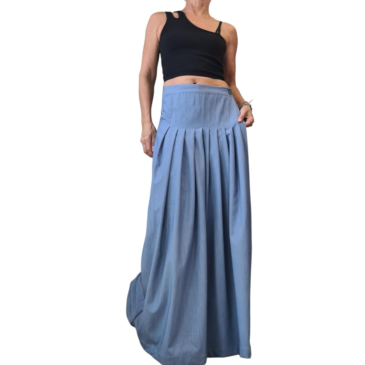 Light Blue Denim Harem Trousers, Wide Leg Pants, Pleated Front Panel, Convertible Skirt Design