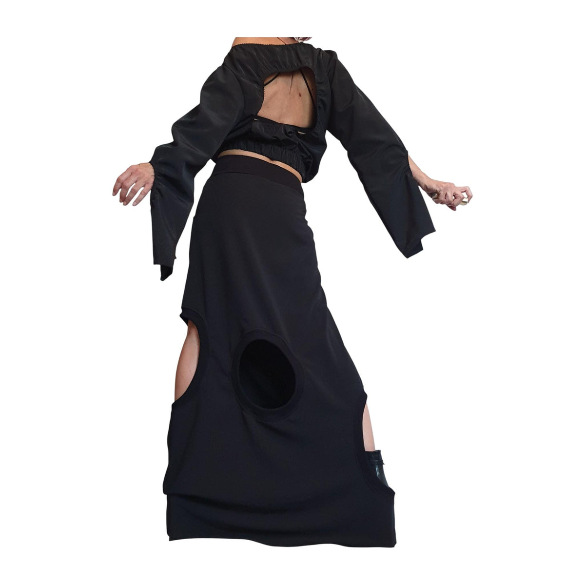 White Cotton Cutout Maxi Skirt, Cropped Open Back Blouse, Bell Sleeves, Two-Piece Co-Ord Set