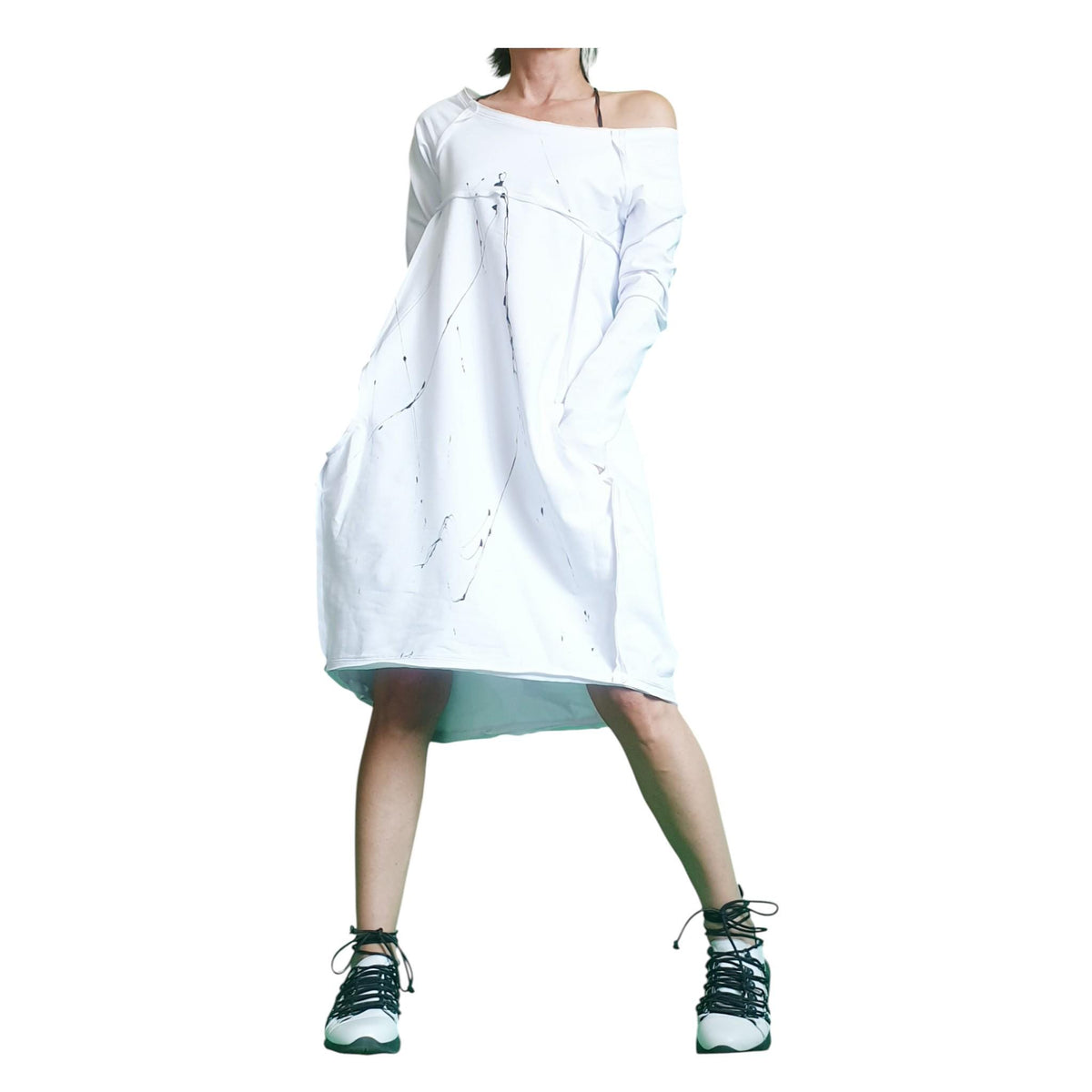 White F Oversized Sweatshirt Dress, Asymmetric High Low Cut