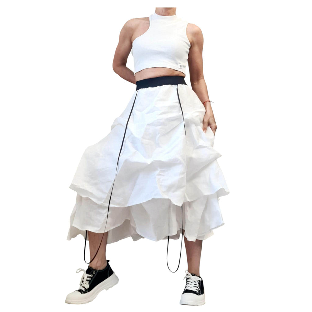 White Linen High Low Skirt, Asymmetric Convertible Dress
