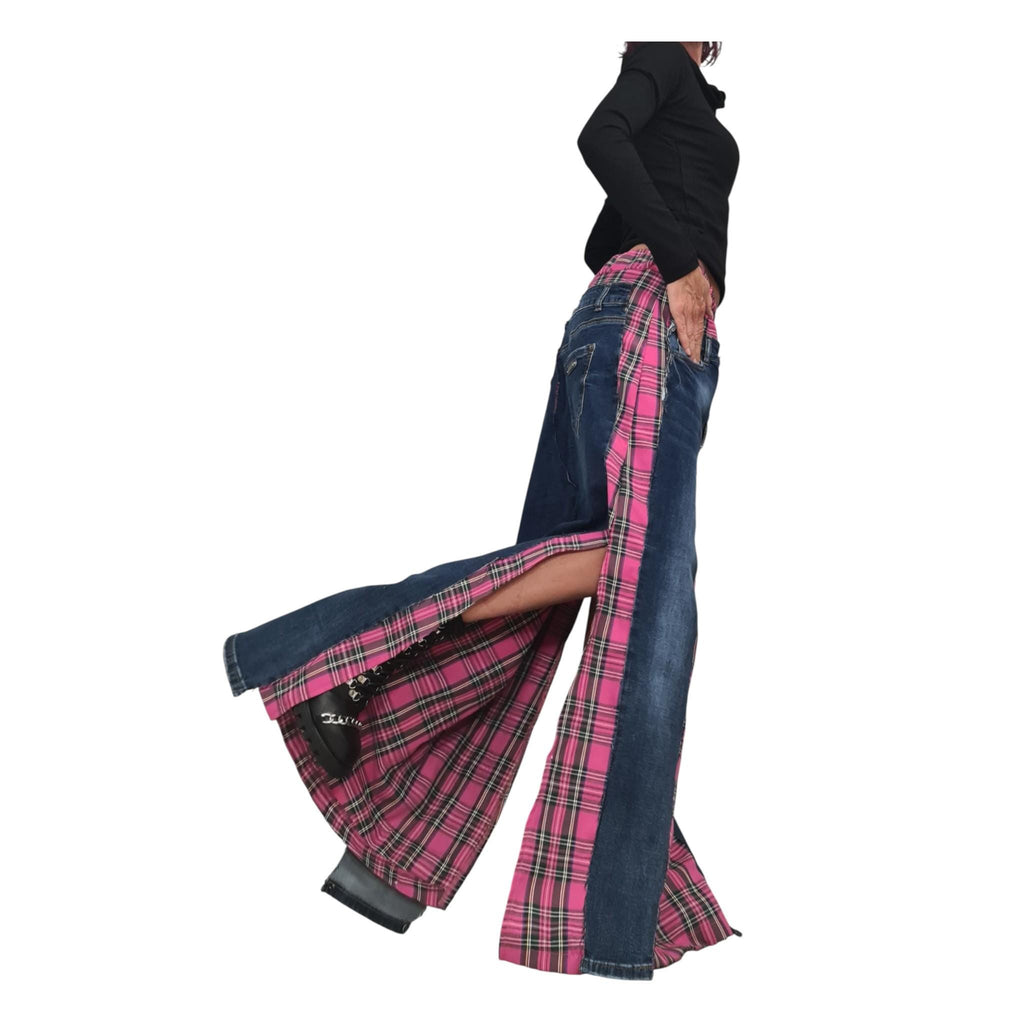 Deconstructed Denim Pink Plaid Maxi Skirt, Avant Garde Cotton Skirt