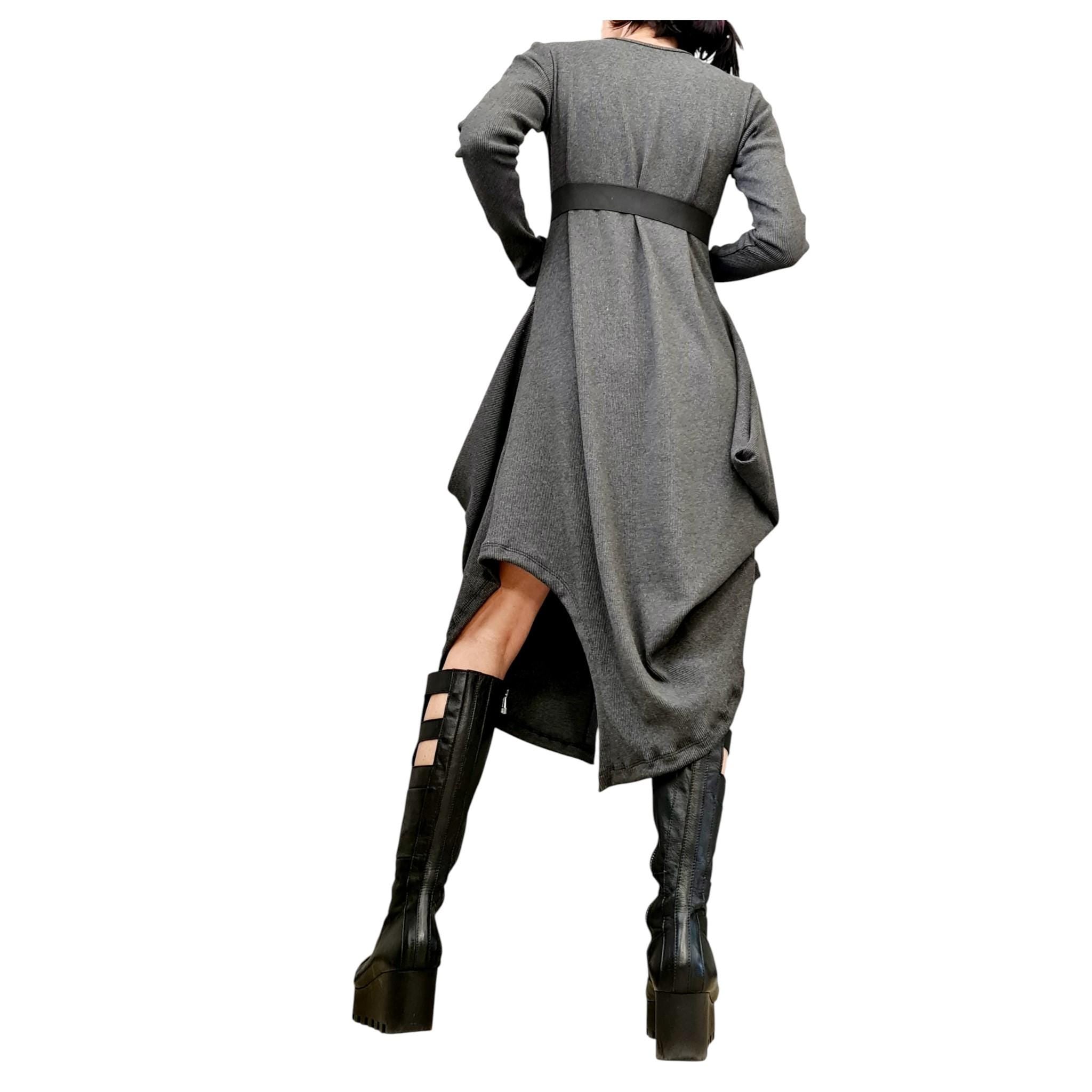 Grey Cotton Rib Dress, Long Sleeve Midi Dress, Avant Garde Loose Fit Kaftan