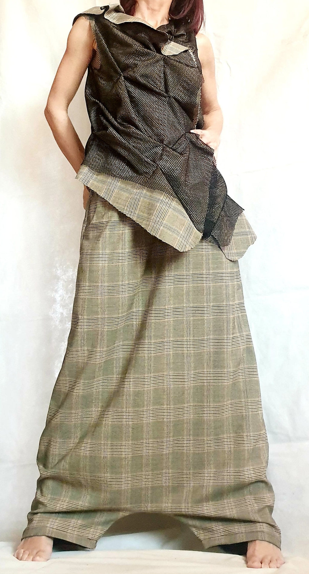 Plus Size Co-Ord Set, Plaid Harem Pants, Black Asymmetrical Vest with mesh