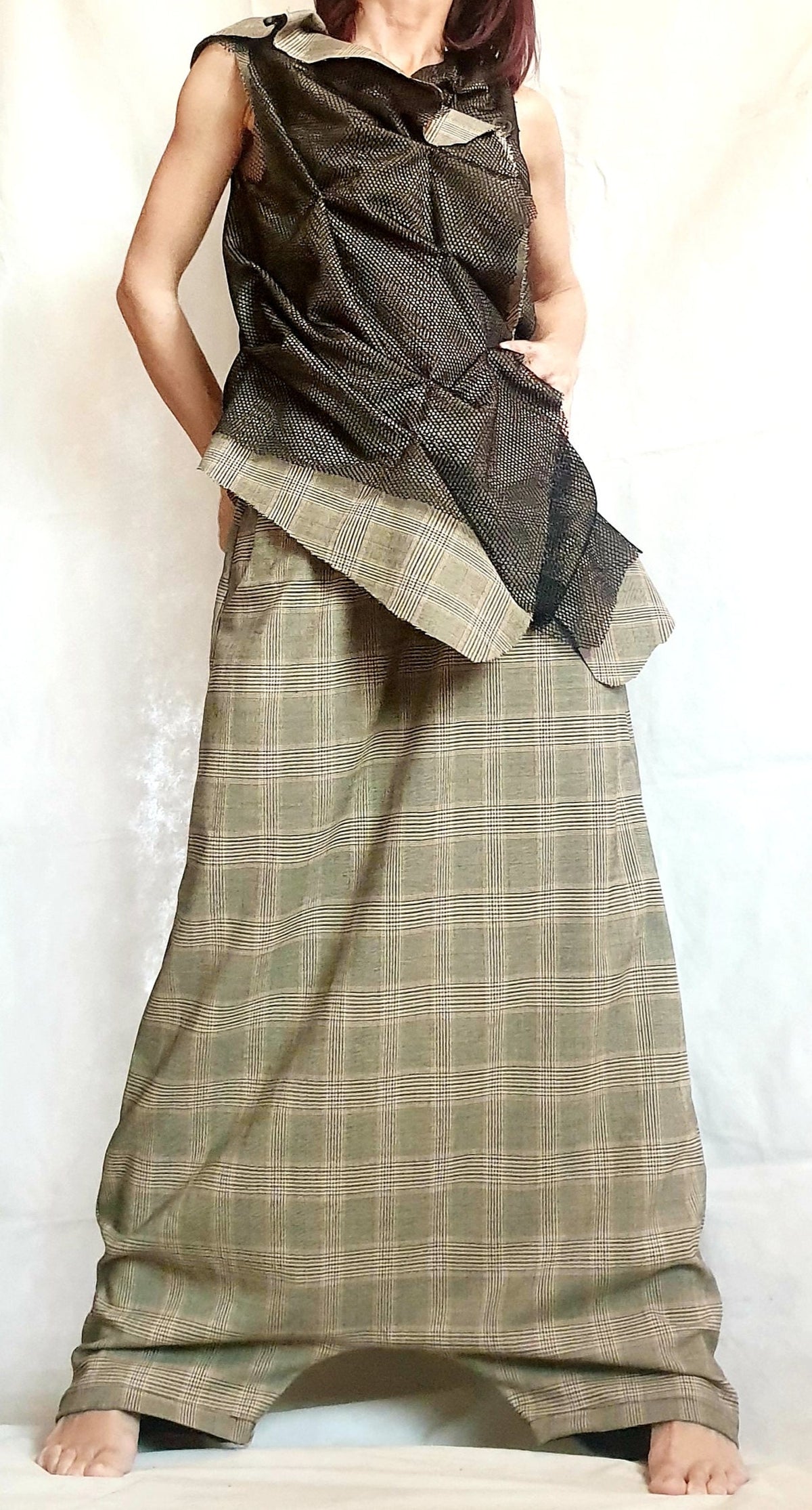 Plus Size Co-Ord Set, Plaid Harem Pants, Black Asymmetrical Vest with mesh