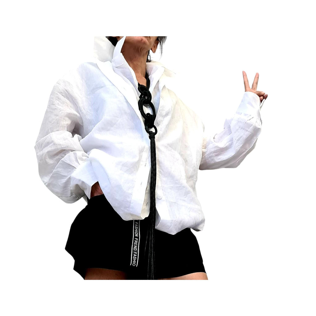 White Linen Deconstructed Shirt Dress, Convertible Tunic, Asymmetric Top for Women
