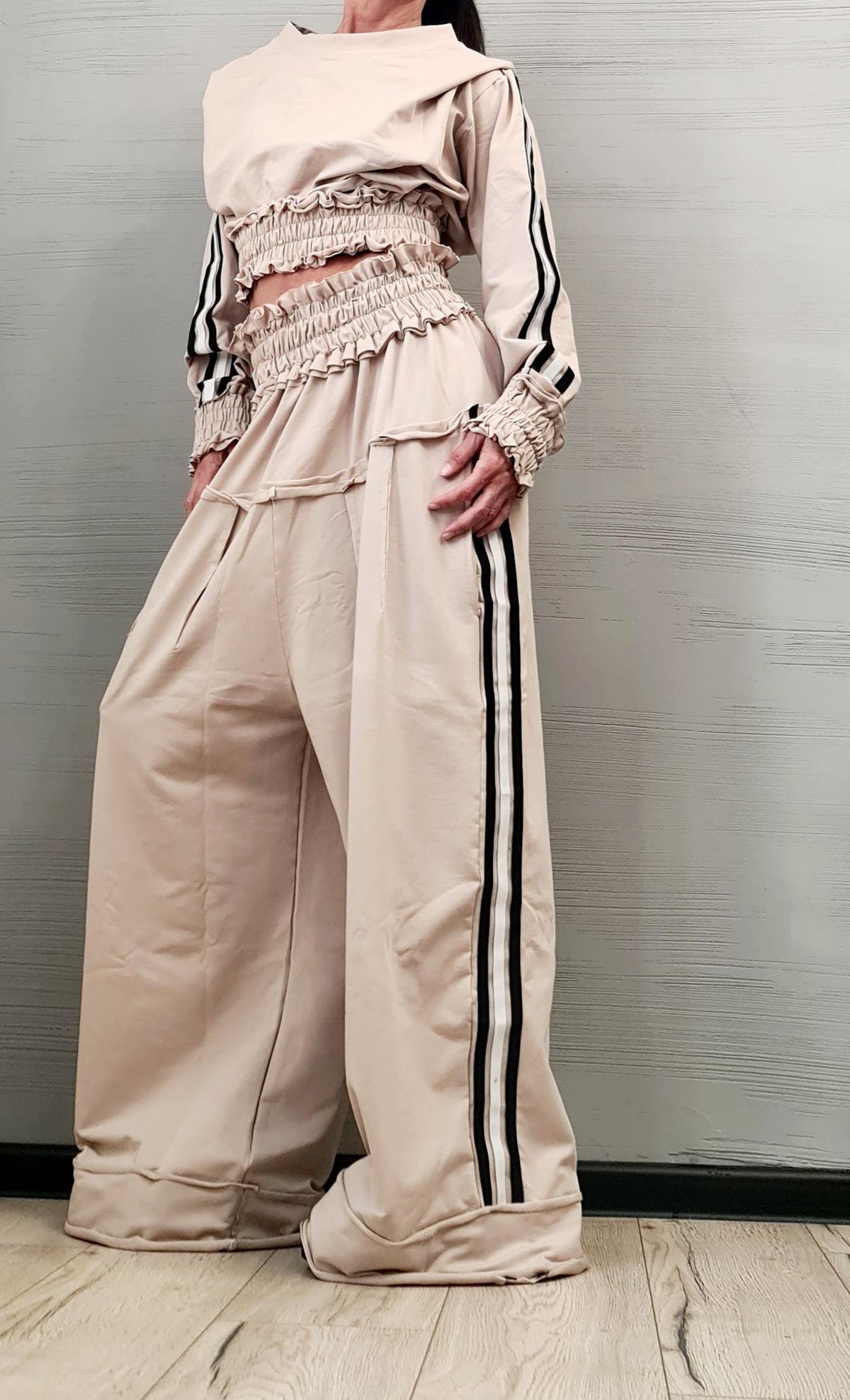 Beige Cotton Wide Leg Pants Set, Ruched Cropped Blouse, Contrast Stripes