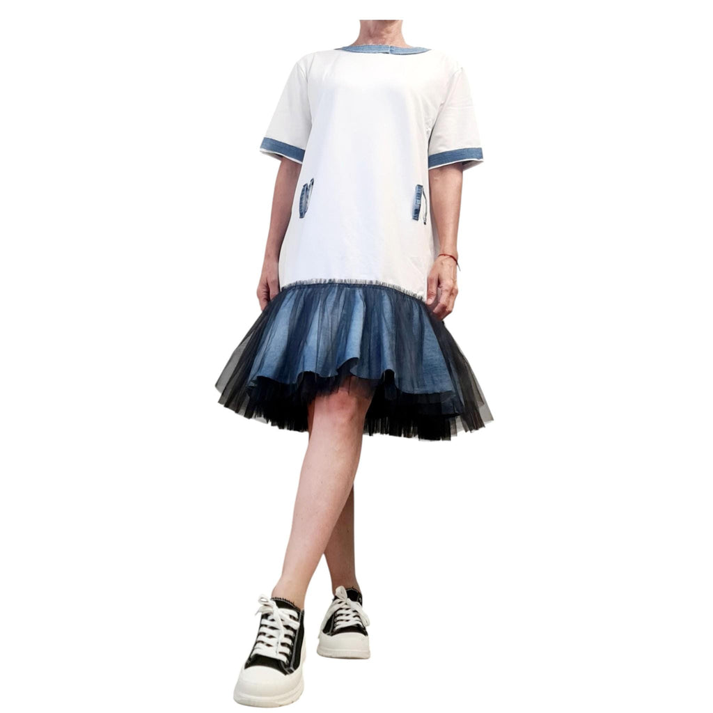 Black Cotton Tunic, Asymmetric Denim Tulle Dress, Plus Size Dress