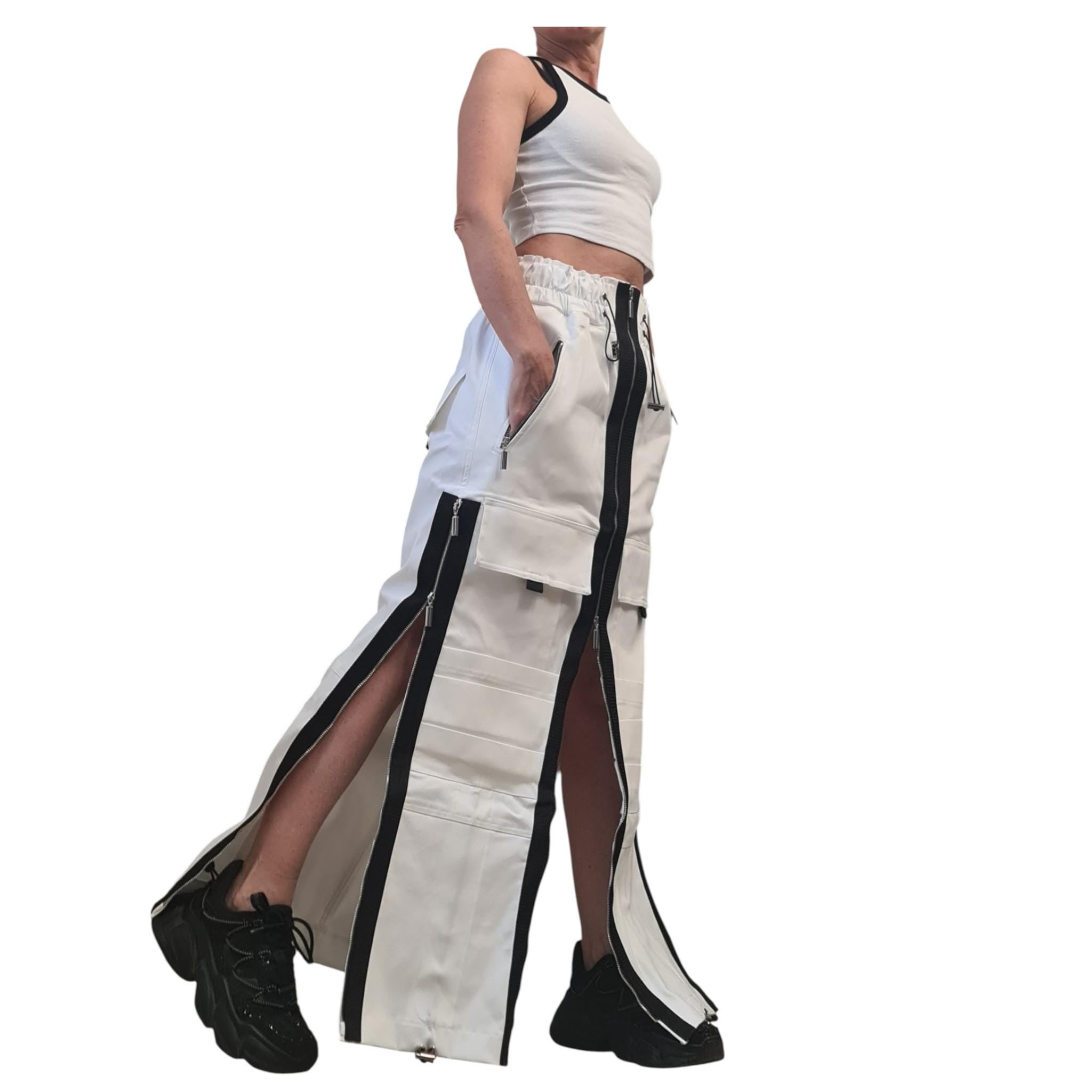 White Denim Maxi Skirt, Black Zipper Details, Cargo Pocket Skirt Avant Garde Clothing