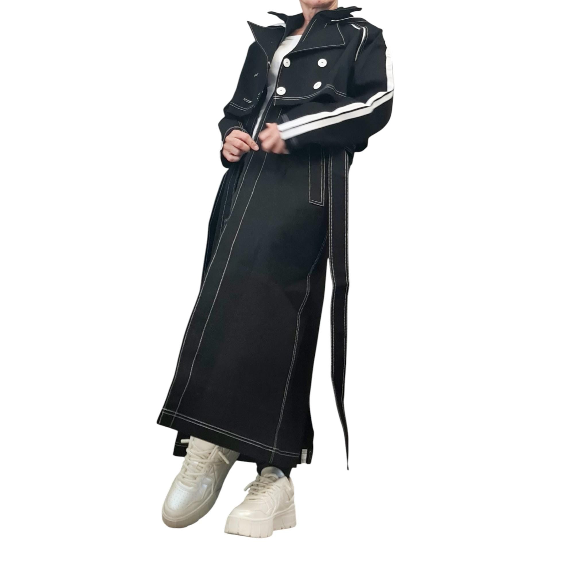 Avant-Garde Denim Trenchcoat Set, Two-Piece Hooded Vest and Cropped Jacket, Black Layered Streetwear, Unisex Statement Outerwear