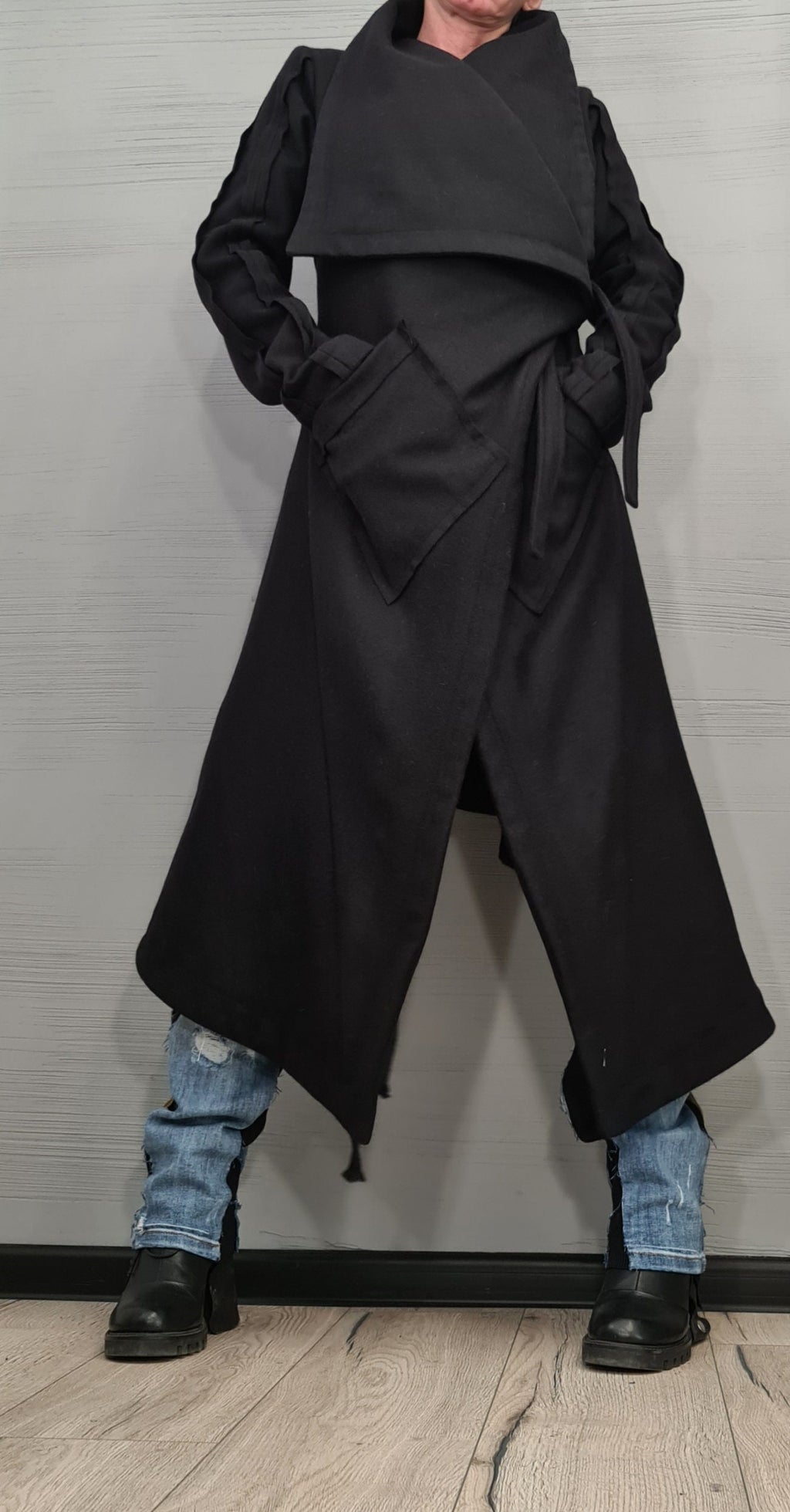 Black Asymmetrical Maxi Coat, High Collar Winter Jacket, Oversized Patch Pockets