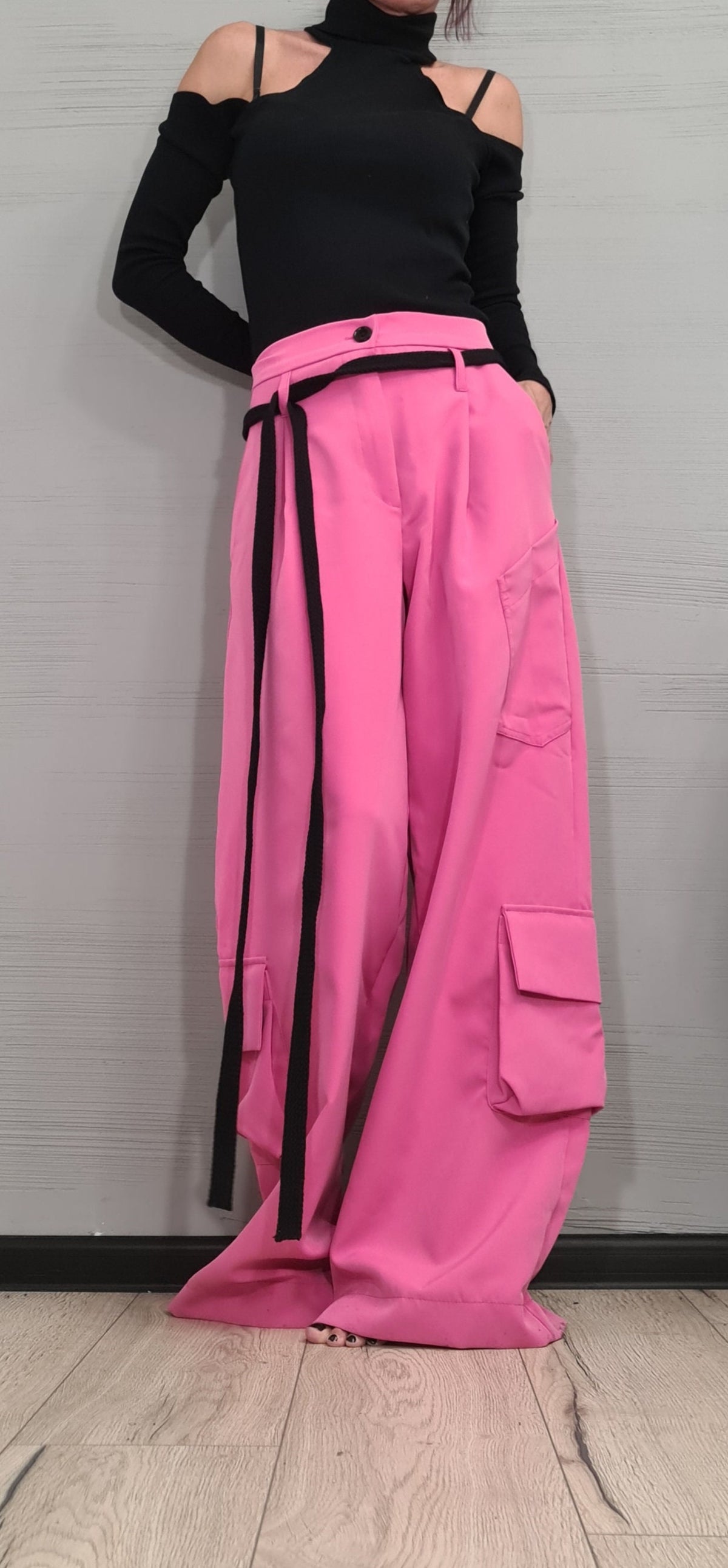 Pink Wide Leg Cargo Pants, Oversized Baggy Trousers