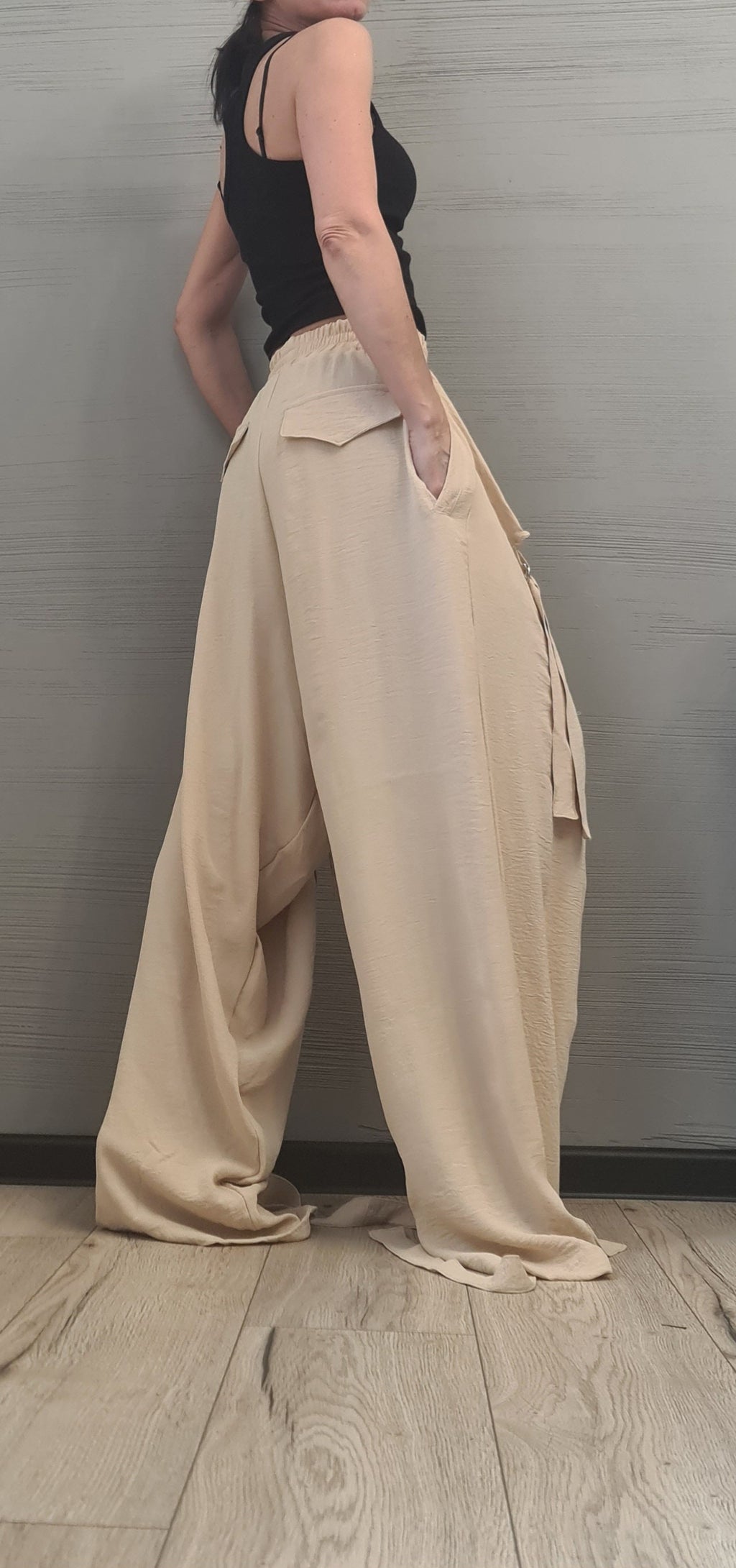 Beige Harem Trousers, Strap and Ring Detail, Drop Crotch