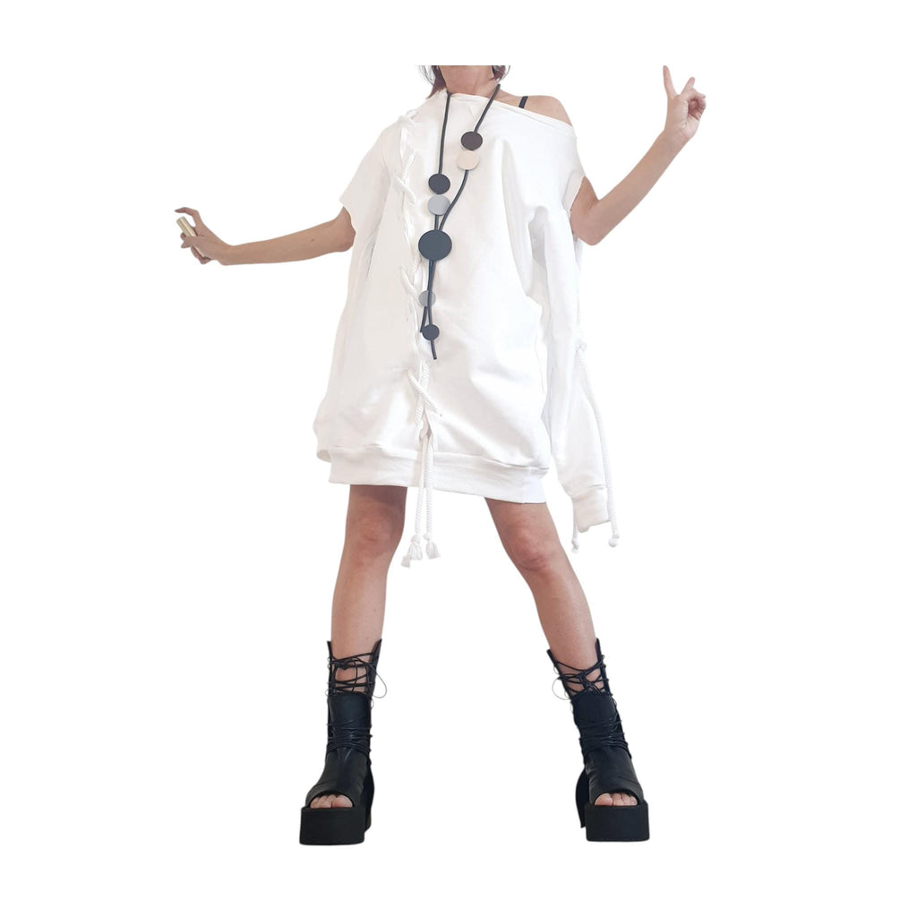 White Plus Size Dress, Bubble Blouson, Asymmetric Loose Cotton Tunic