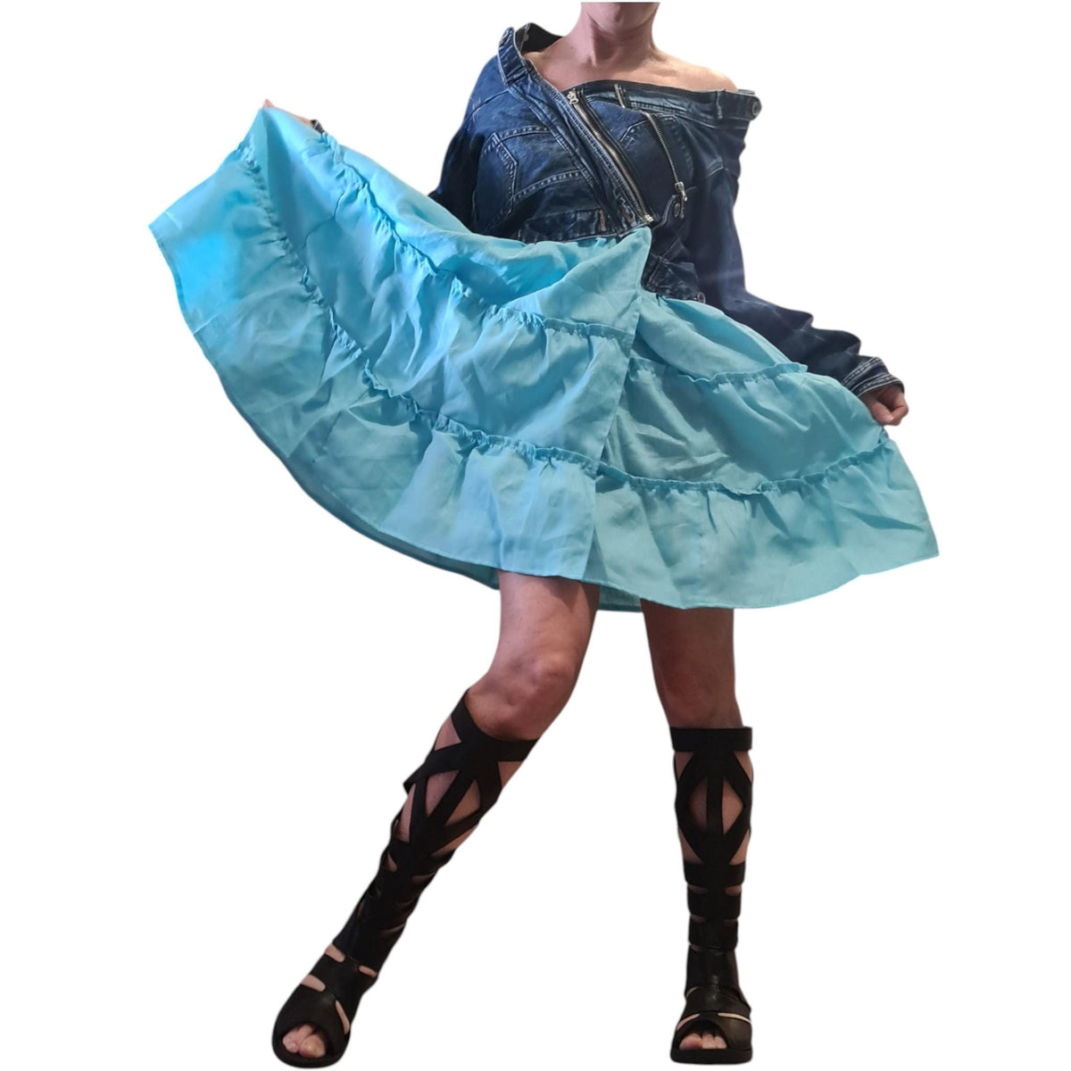Denim Linen Dress, Blue Tiered Skirt, Off Shoulder Top, Asymmetrical Short Dress, Summer Outfit