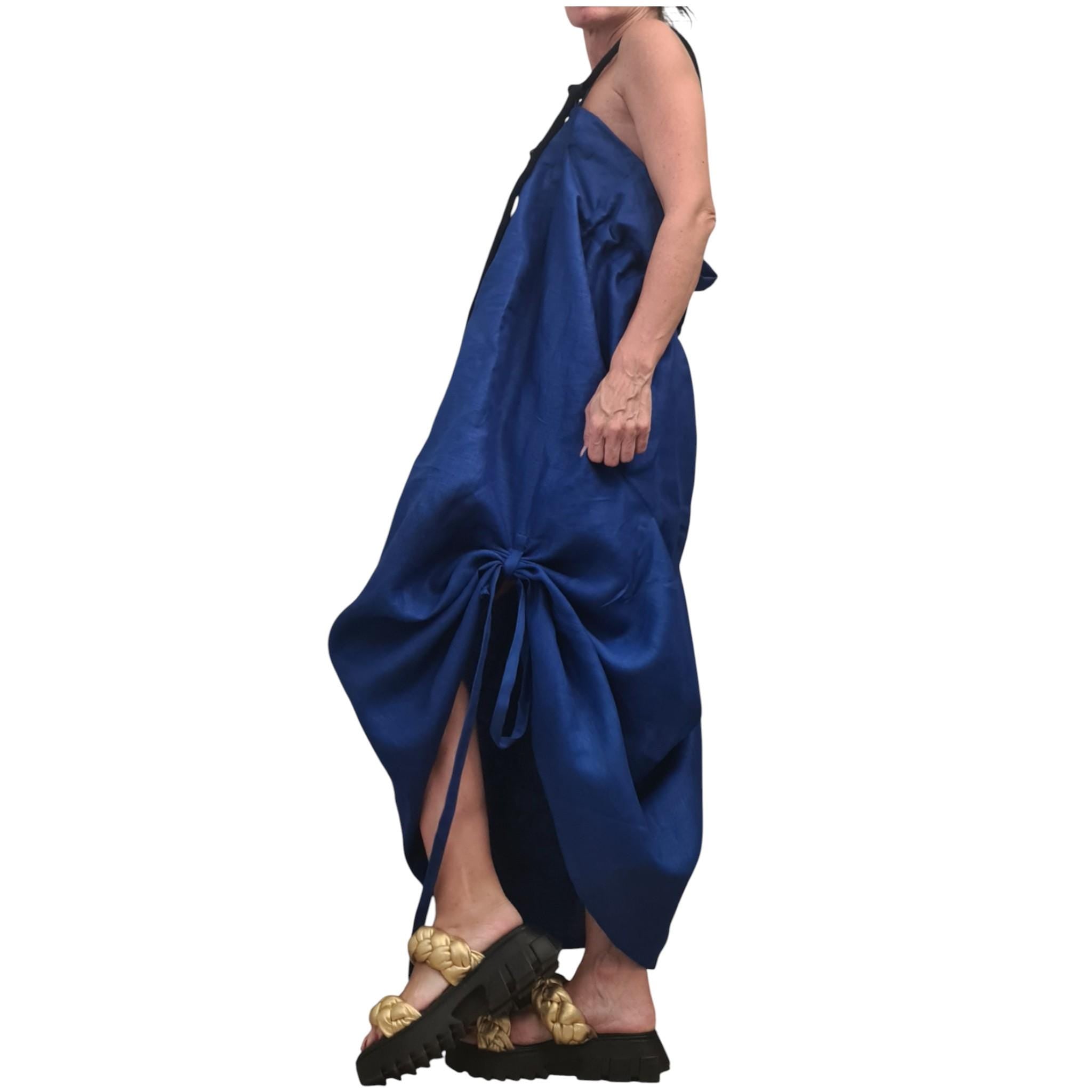 Royal Blue Linen Backless Dress with Adjustable Ties, Asymmetric Summer Maxi Tunic, Handmade Linen